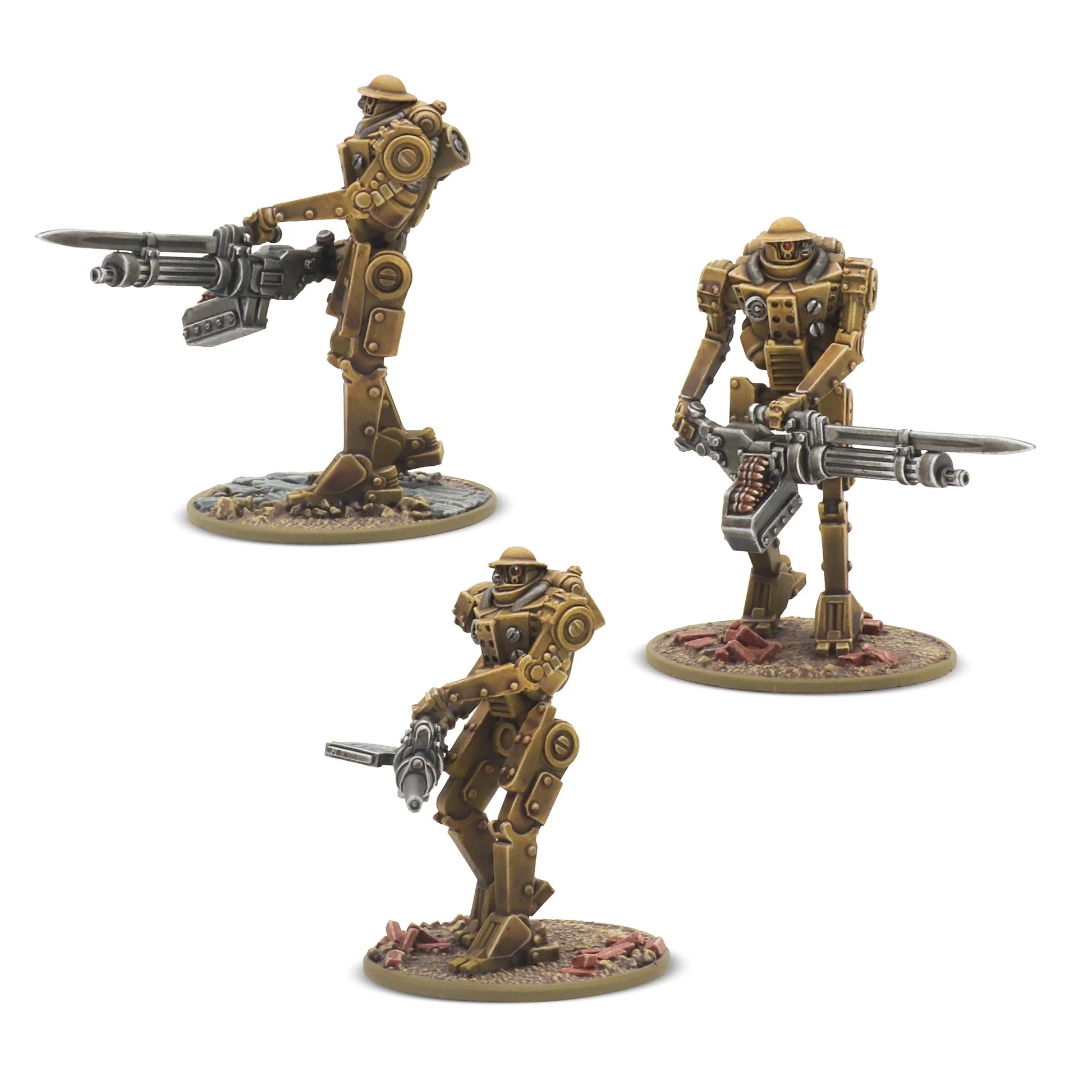 Konflikt '47 British Commonwealth Starter Army 452600603 – 3 pomalowane figurki Mk II Heavy Automated Infantry w kolorze piaskowo-złotym z hełmami Brodie: dwie z ciężkimi MMG i bagnetami, jedna z pistoletem maszynowym, różne pozy bojowe, okrągłe podstawki, 28mm Warlord Games
