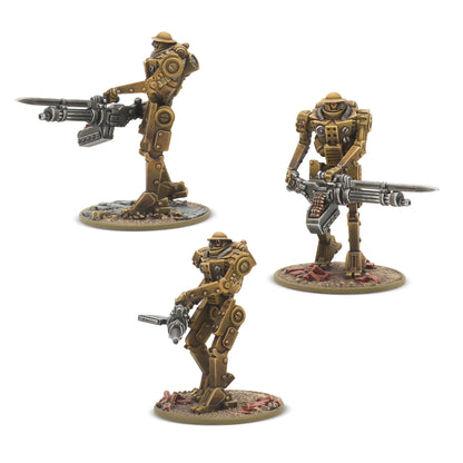 Konflikt '47 British Commonwealth Starter Army 452600603 – 3 pomalowane figurki Mk II Heavy Automated Infantry w kolorze piaskowo-złotym z hełmami Brodie: dwie z ciężkimi MMG i bagnetami, jedna z pistoletem maszynowym, różne pozy bojowe, okrągłe podstawki, 28mm Warlord Games
