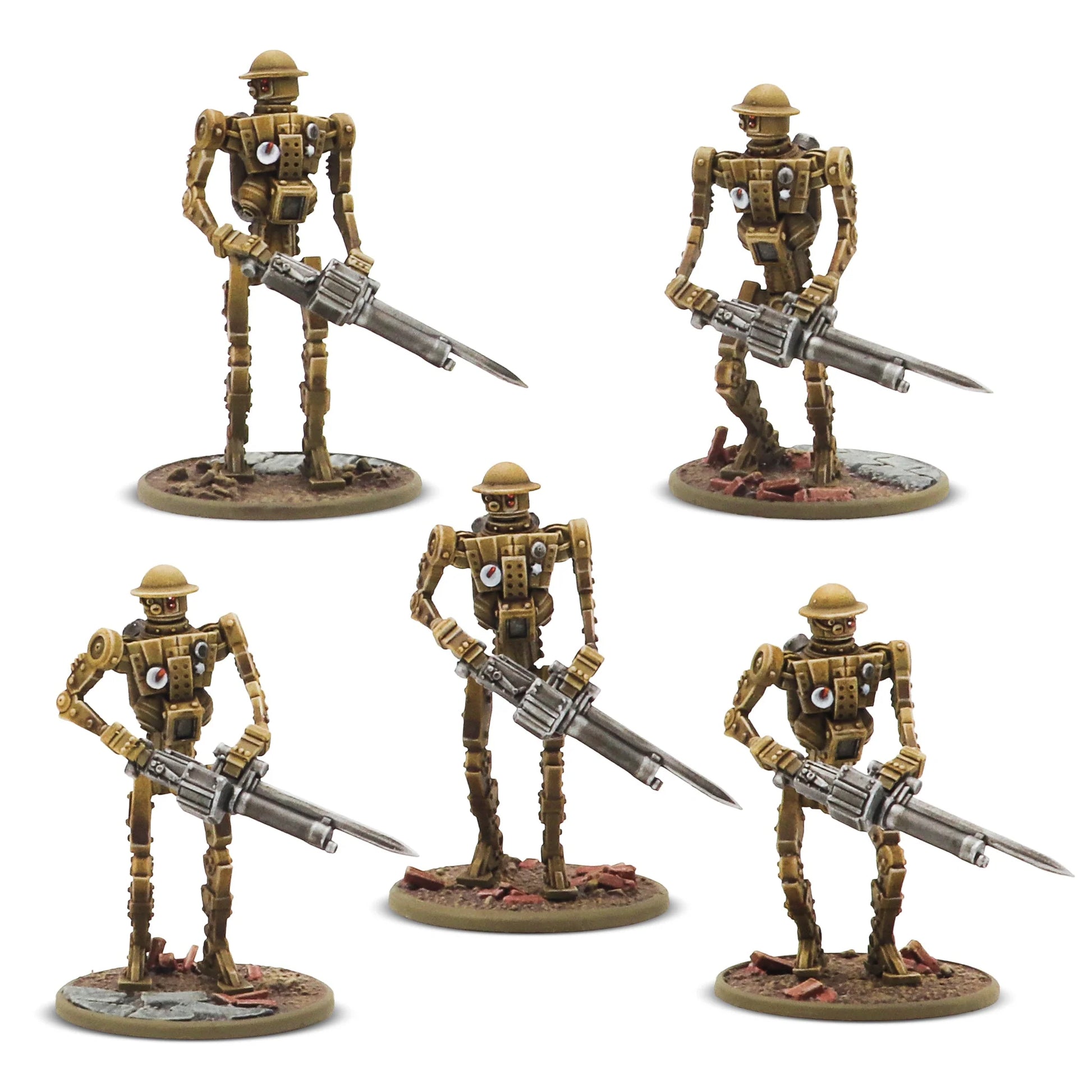 Konflikt '47 British Commonwealth Starter Army 452600603 – 5 pomalowanych figurek Mk I Automated Infantry w kolorze piaskowo-złotym z hełmami Brodie i czerwonymi oczami sensorycznymi, uzbrojone w ciężkie MMG z bagnetami, różne pozy bojowe, okrągłe podstawki, 28mm Warlord Games
