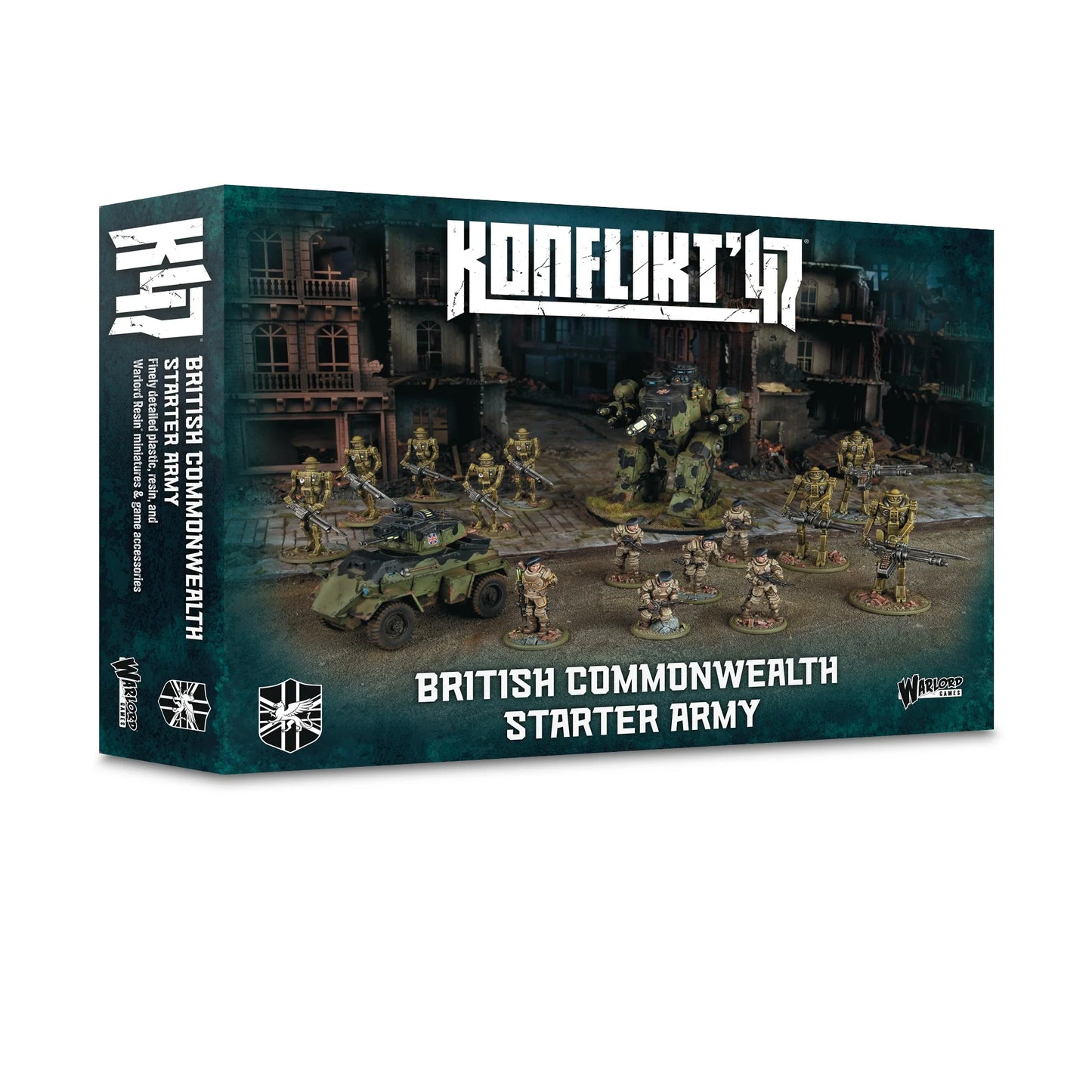 Pudełko Konflikt '47 British Commonwealth Starter Army 452600603 – ciemnozielone pudełko z logo Konflikt '47, ilustracja Percival Walkera, Humber Mk VII i oddziałów Automated Infantry oraz Galahad na tle ruin miejskich, napis British Commonwealth Starter Army, Warlord Games
