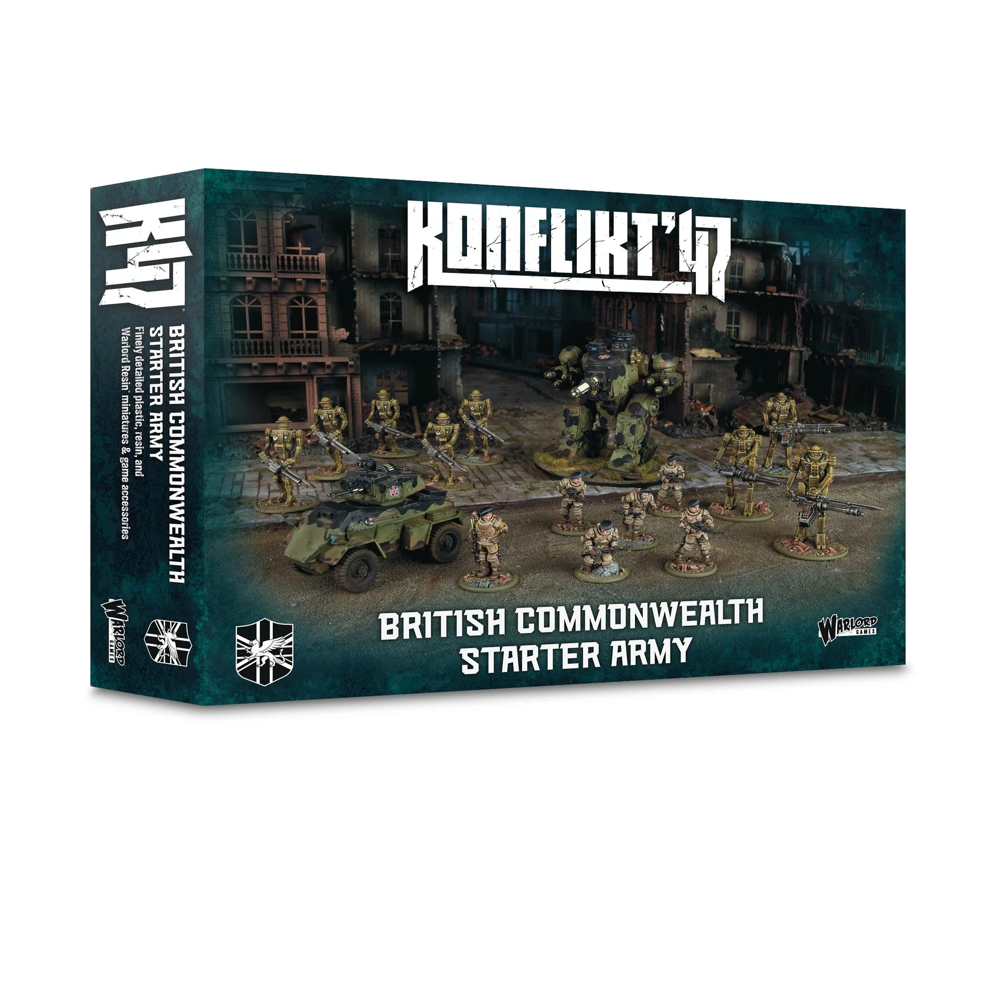 Pudełko Konflikt '47 British Commonwealth Starter Army 452600603 – ciemnozielone pudełko z logo Konflikt '47, ilustracja Percival Walkera, Humber Mk VII i oddziałów Automated Infantry oraz Galahad na tle ruin miejskich, napis British Commonwealth Starter Army, Warlord Games
