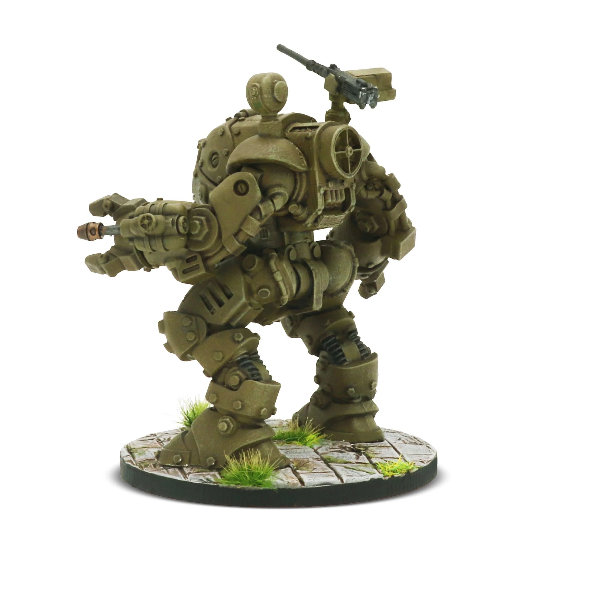 Konflikt '47 Guardian Light Walker 452600604 – widok z tyłu lewej strony: detale plecaka z okrągłym reaktorem i panelami, MMG na ramieniu, sferyczny sensor, podstawka z brukiem i trawą, 28mm Warlord Games
