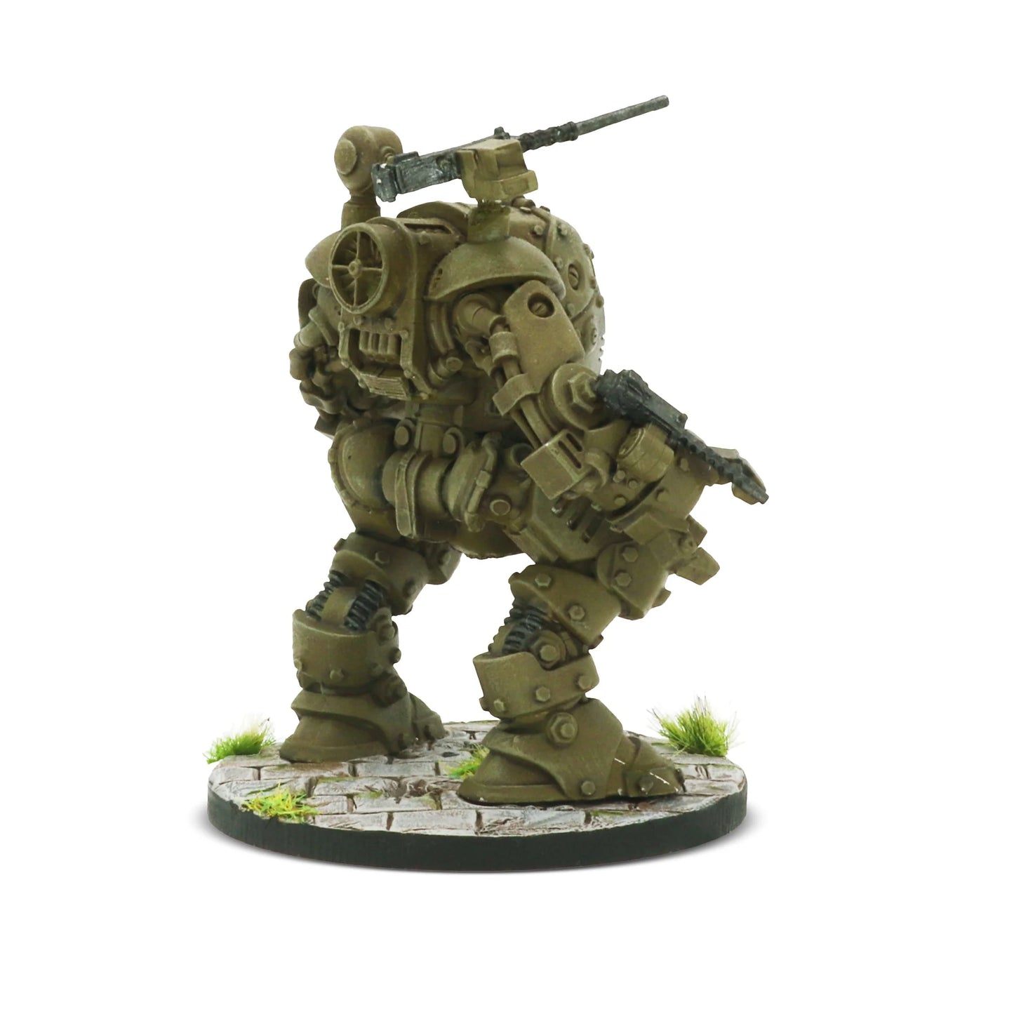 Konflikt '47 Guardian Light Walker 452600604 – widok z tyłu prawej strony: detale tylnego pancerza, reaktor zasilający, miotacz ognia w lewym ramieniu, podstawka z brukiem i trawą, 28mm Warlord Games

