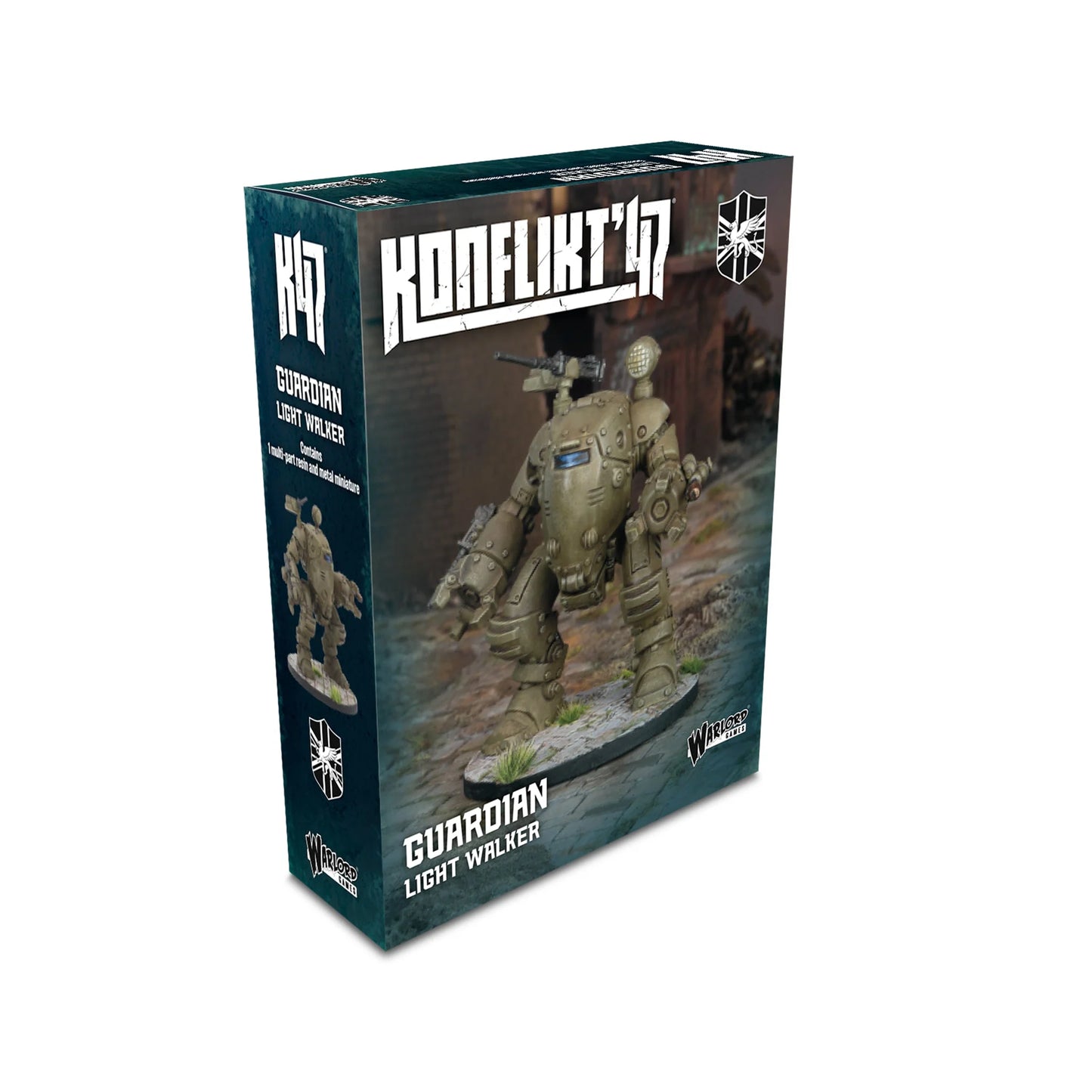 Pudełko Konflikt '47 Guardian Light Walker 452600604 – ciemnozielone pudełko z logo Konflikt '47 i tarczą Commonwealth, ilustracja walkera kroczącego przez ruiny, napis Guardian Light Walker Contains 1 multi-part resin and metal miniature, Warlord Games
