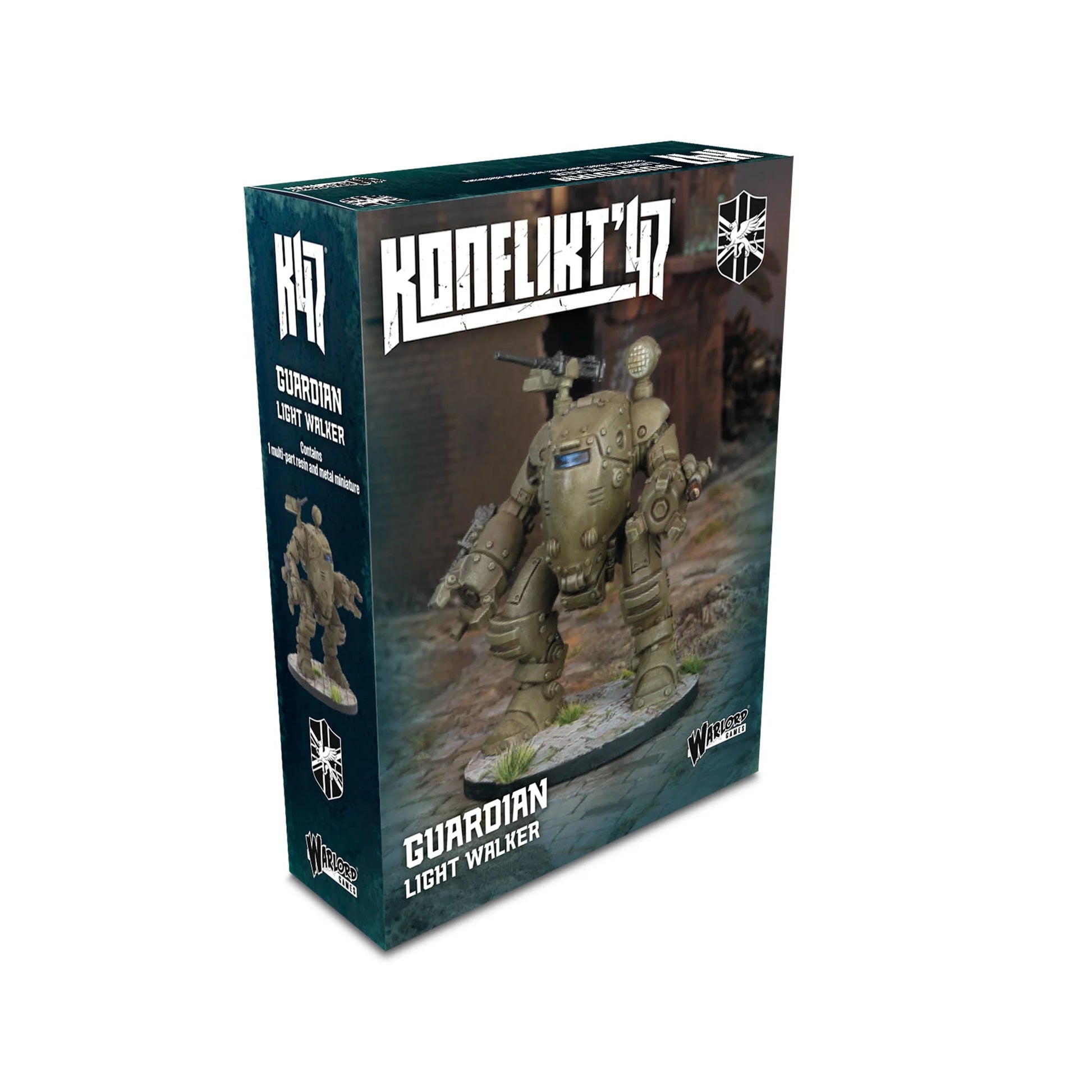 Pudełko Konflikt '47 Guardian Light Walker 452600604 – ciemnozielone pudełko z logo Konflikt '47 i tarczą Commonwealth, ilustracja walkera kroczącego przez ruiny, napis Guardian Light Walker Contains 1 multi-part resin and metal miniature, Warlord Games

