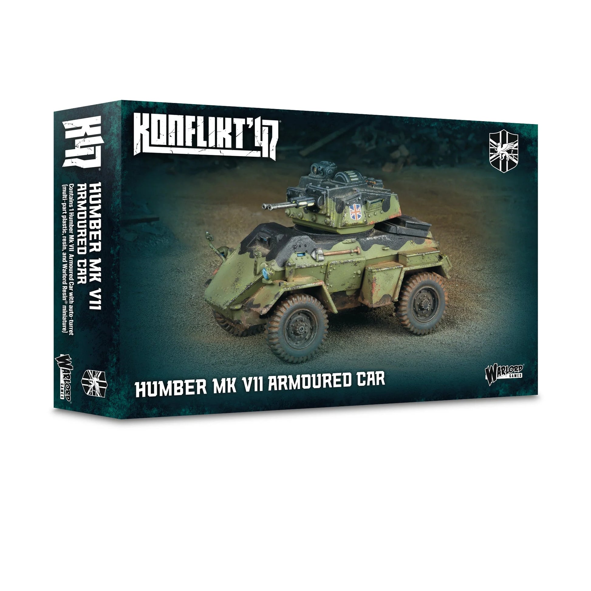 Warlord Games Humber Armoured Car Mk VII – pudełko zestawu Konflikt '47 z ilustracją pojazdu w kamuflażu brytyjskim 28mm