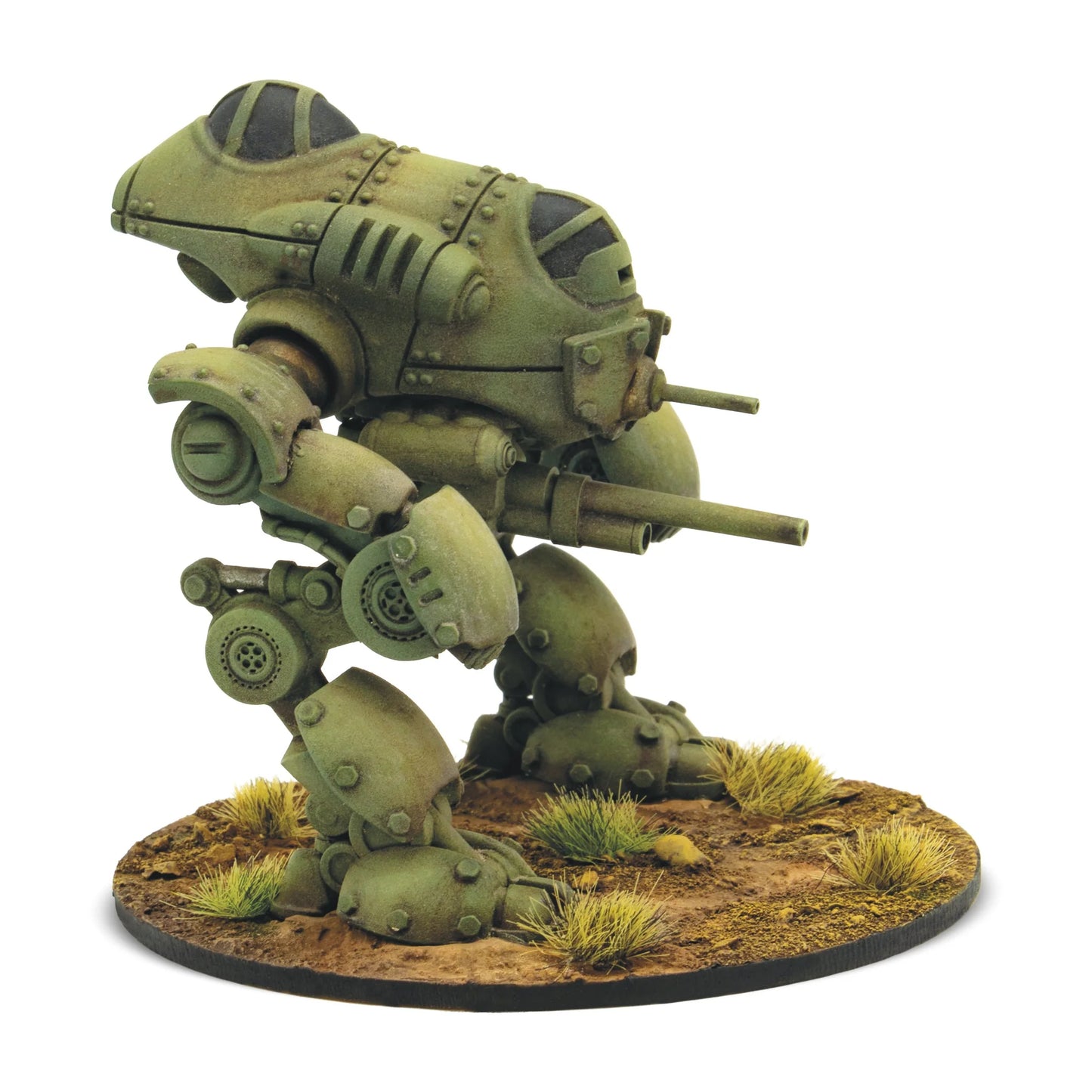 Konflikt '47 Kazak Light Walker 452600801 – pomalowany żywiczno-metalowy lekki walker Sowietów w oliwkowo-żółtym kamuflażu, widok z prawego boku: zaokrąglony kadłub z kokpitem, dwa działa w prawym ramieniu, detale hydrauliki nóg i stawów, okrągła podstawka z trawą, 28mm Konflikt '47 Warlord Games
