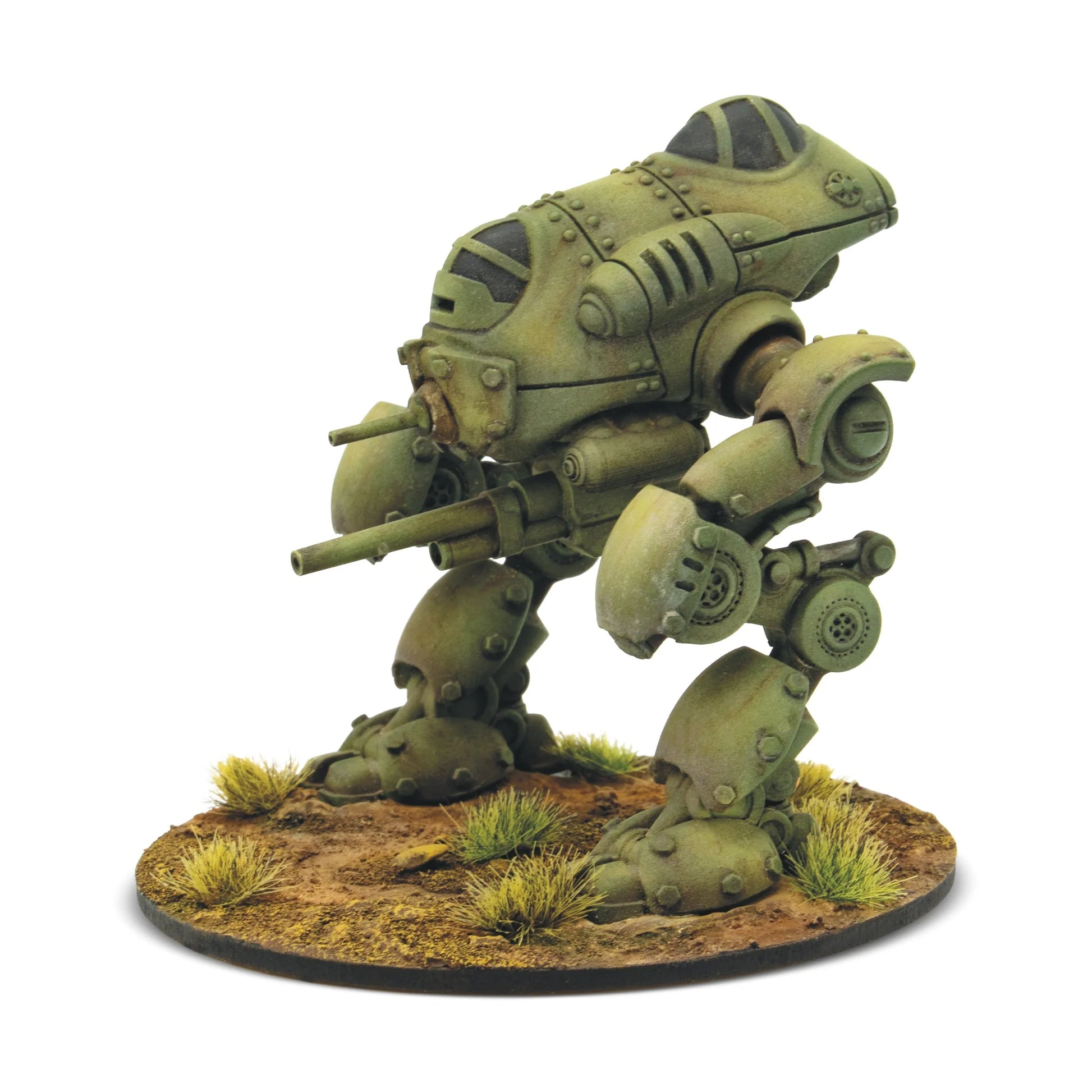 Konflikt '47 Kazak Light Walker 452600801 – pomalowany żywiczno-metalowy lekki walker Sowietów w oliwkowo-żółtym kamuflażu, widok z lewego boku: zaokrąglony kadłub z kokpitem, podwójne działo w lewym ramieniu wycelowane w przód, detale hydrauliki nóg i stawów, okrągła podstawka z trawą, 28mm Konflikt '47 Warlord Games
