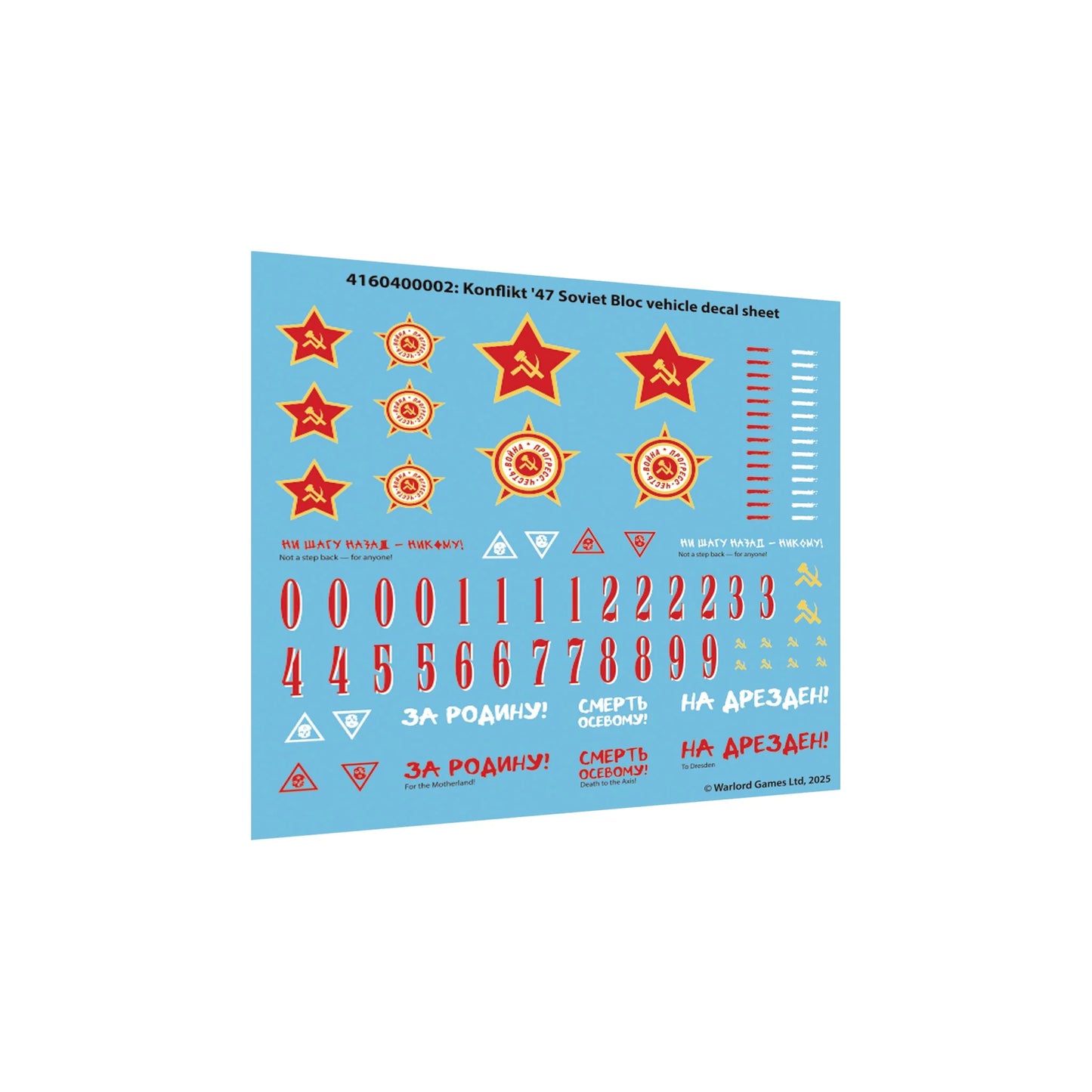 Konflikt '47 Soviet Bloc Vehicle Decal Sheet 4160400002 – kolorowy arkusz naklejek wodnych do pojazdów Bloku Sowieckiego: czerwone gwiazdy z sierpem i młotem, ordery bojowe, numery 0–9 w czerwieni, napisy cyrylicą ЗА РОДИНУ!, СМЕРТЬ ОСЕВОМУ!, НА ДРЕЗДЕН!, Ни шагу назад – никому!, symbole taktyczne, Warlord Games 2025
