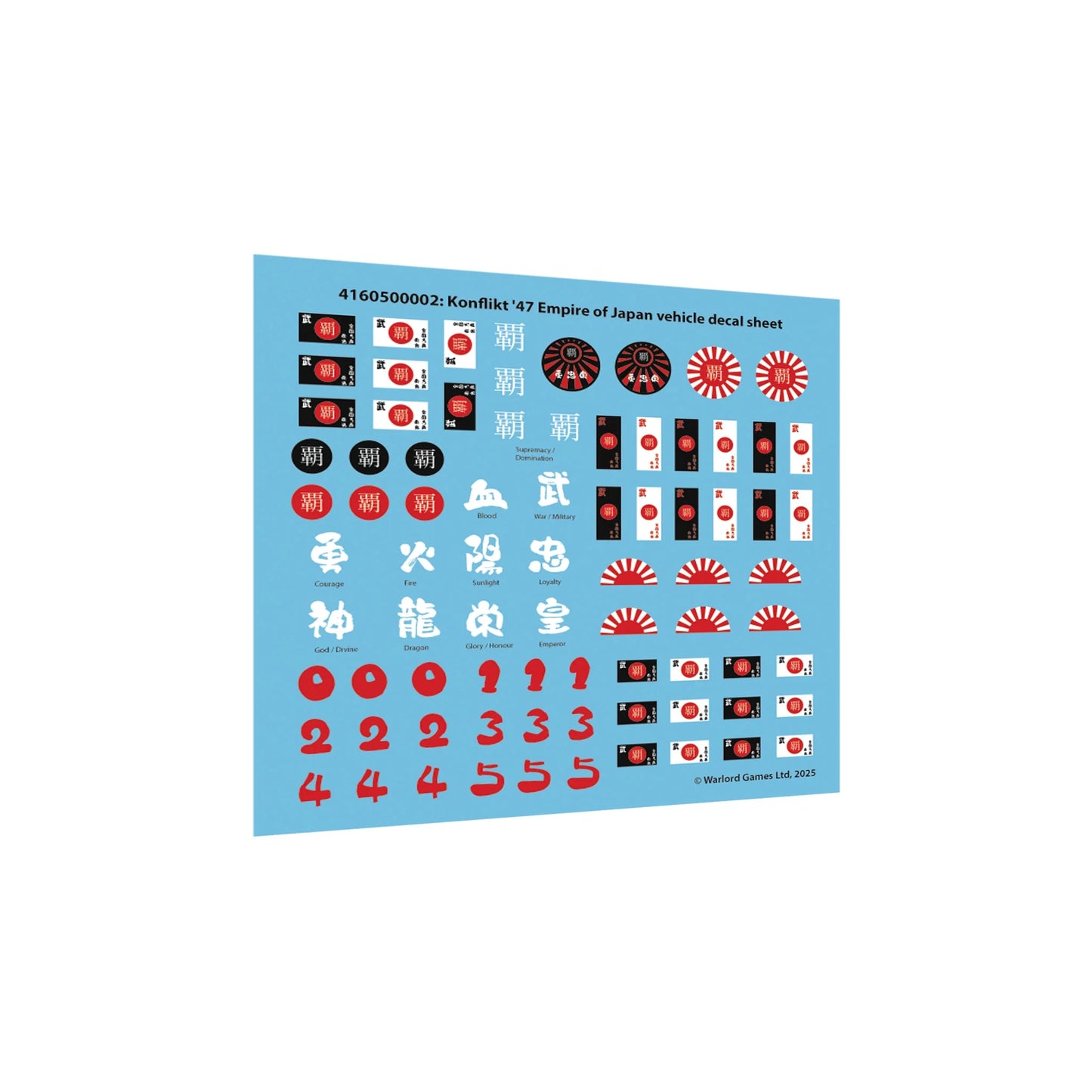 Konflikt '47 Empire of Japan Starter Army 452601203 – arkusz kolorowych naklejek wodnych Imperium Japonii 4160500002: japońskie znaki kanji (覇, 武, 血, 勇, 火, 陰, 忠, 神, 龍, 栄, 堂) z tłumaczeniami, czerwone słońca Wschodzącego Słońca, czarne tarcze z kanji, czerwone cyfry 0–5, białe tło, Warlord Games
