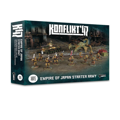 Pudełko Konflikt '47 Empire of Japan Starter Army 452601203 – ciemnozielone pudełko z logo Konflikt '47, ilustracja 12 figurek w złoto-brązowej zbroi samurajskiej z flagami Wschodzącego Słońca, Sasori Walker i Chi-Ha w tle na tle ruin miejskich, napis Empire of Japan Starter Army, japoński znak 覇, Warlord Games
