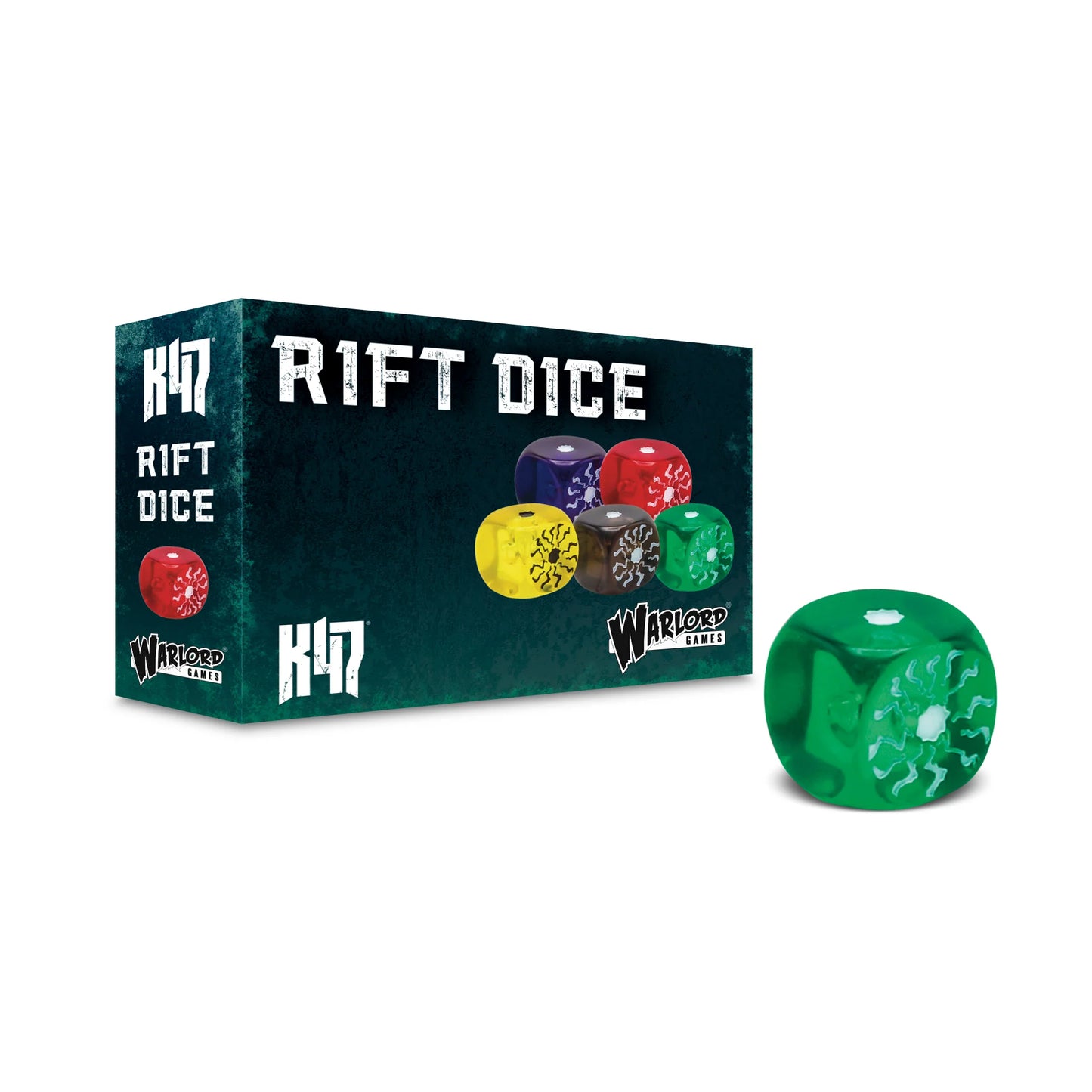 Konflikt '47 Rift Dice Green – pudełko z 12 zielonymi kośćmi Rift z grawerem Rift-tech, Warlord Games
