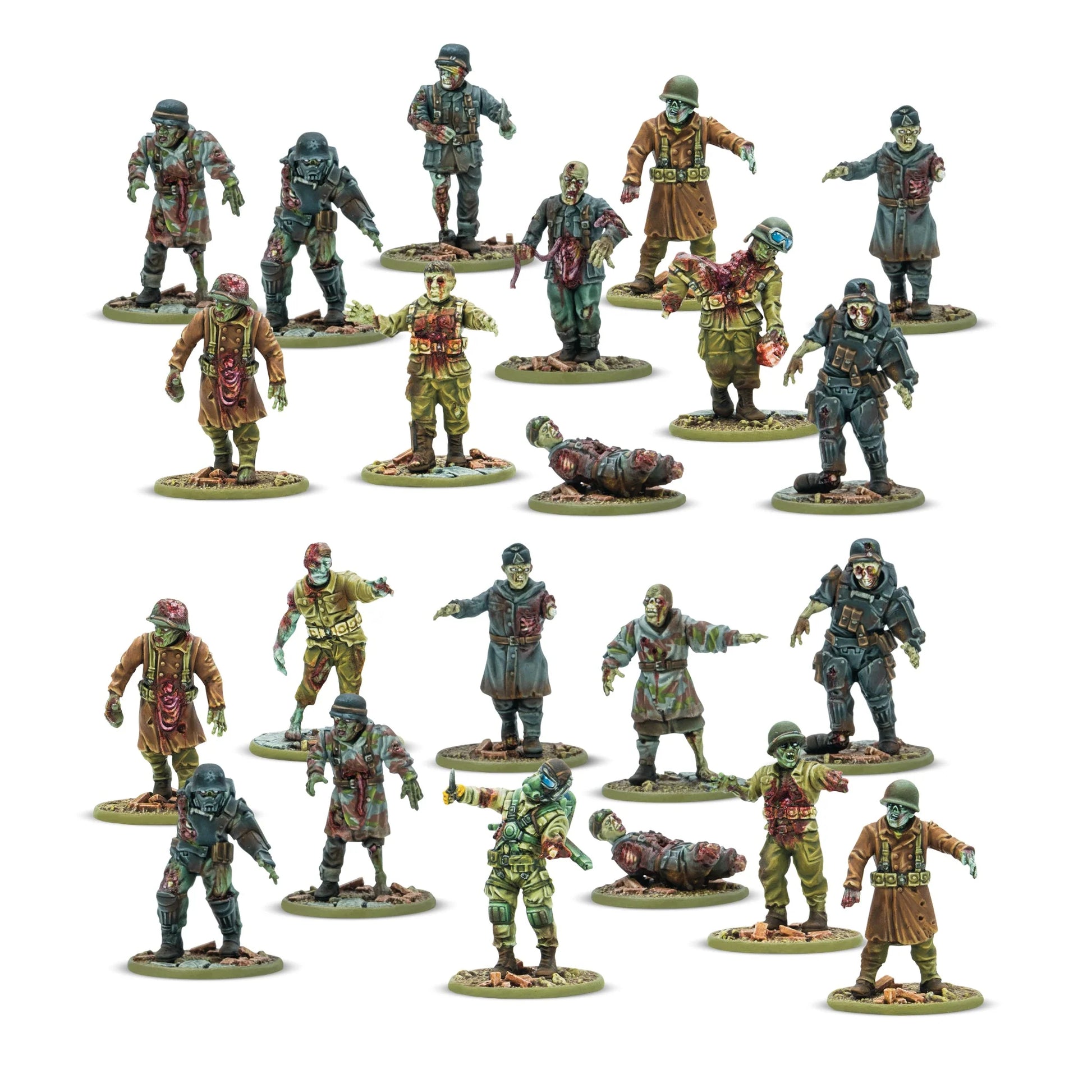 Totenrotte Starter Army – 20 pomalowanych figurek Totenkorps Osi od frontu: nieumarli w mundurach feldgrau, płaszczach i hełmach stalowych, Schwertruppen z googlami, skala 28mm Konflikt '47
