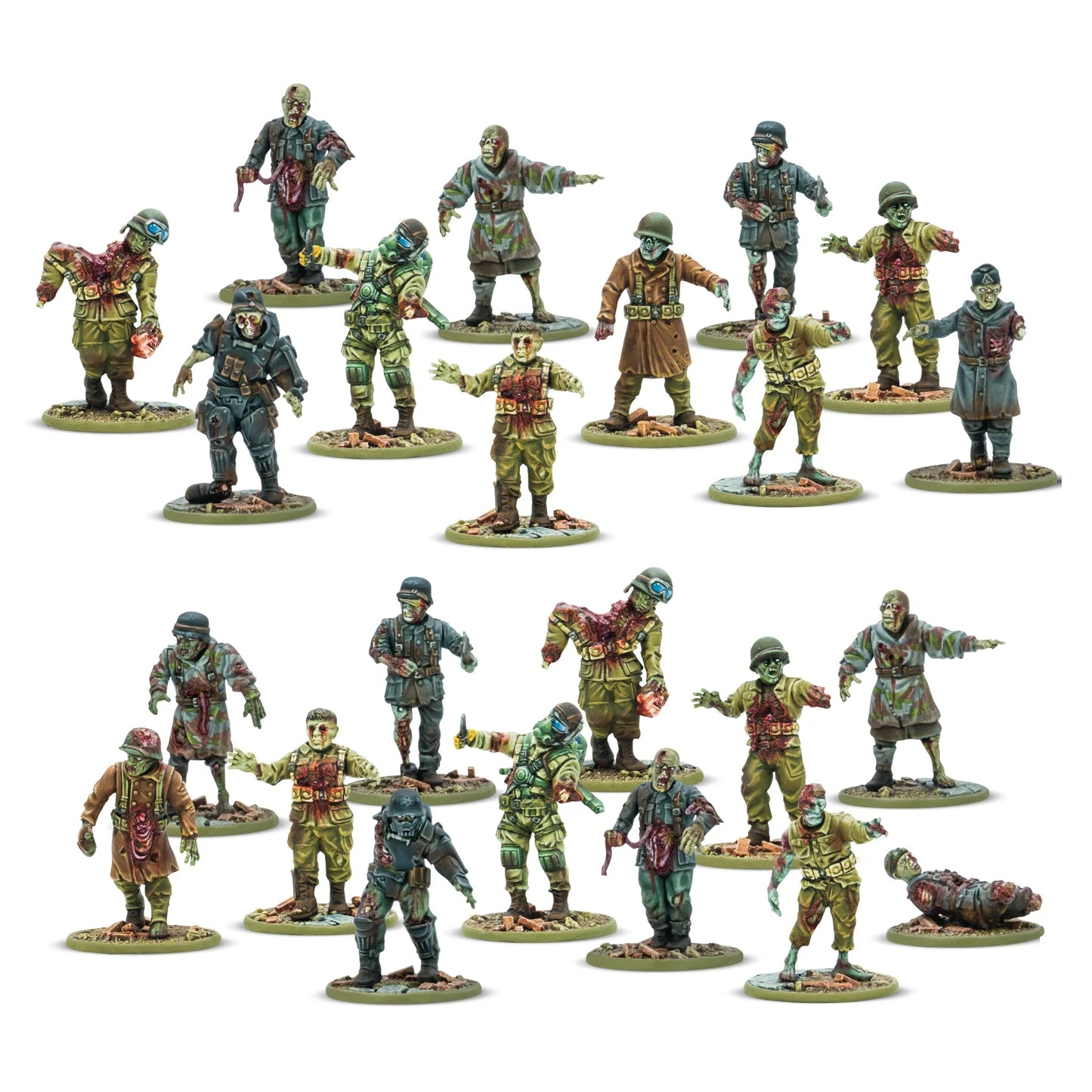 Totenrotte Starter Army – 20 pomalowanych figurek Totenkorps Osi od frontu: nieumarli w mundurach oliwkowych i feldgrau, US Firefly z miotaczem ognia, Schwertruppen, skala 28mm Konflikt '47
