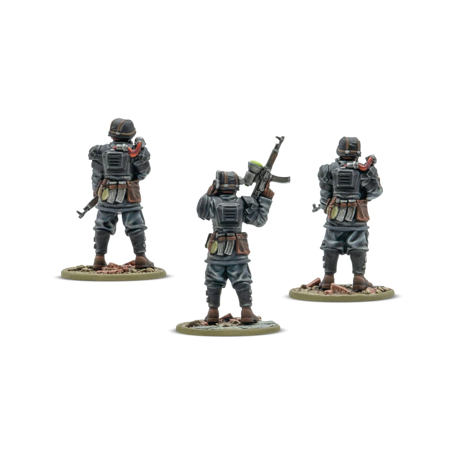 Totenrotte Starter Army – 3 figurki dowódcy plutonu z ochroniarzami od tyłu: detale czarnych mundurów, pancerzy, pasów i plecaków, StG 44, skala 28mm Konflikt '47
