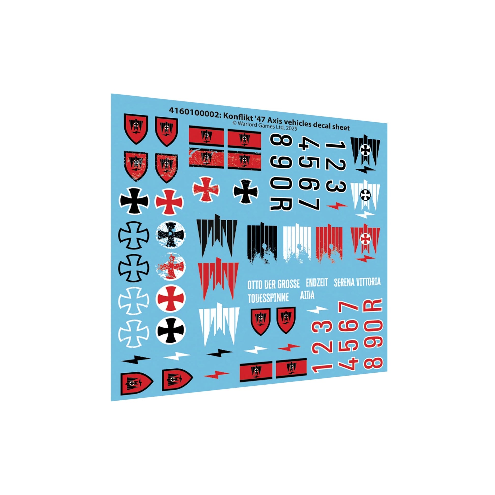 Konflikt '47 Axis Vehicles Decal Sheet – arkusz kalkomanii pojazdów Osi: krzyże żelazne, tarcze, błyskawice, numery i nazwy własne (Otto der Grosse, Endzeit, Todesspinne, Aida, Serena Vittoria), Warlord Games 2025
