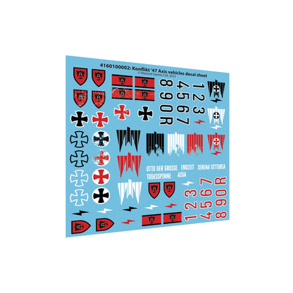 Konflikt '47 Axis Vehicles Decal Sheet – arkusz kalkomanii pojazdów Osi: krzyże żelazne, tarcze, błyskawice, numery i nazwy własne (Otto der Grosse, Endzeit, Todesspinne, Aida, Serena Vittoria), Warlord Games 2025
