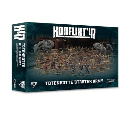Totenrotte Starter Army – pudełko zestawu Konflikt '47: 45 figurek Totenkorps i 2x Nachtzehrer na tle zniszczonej fabryki, logo K47 i Warlord Games, ciemnozielone tło
