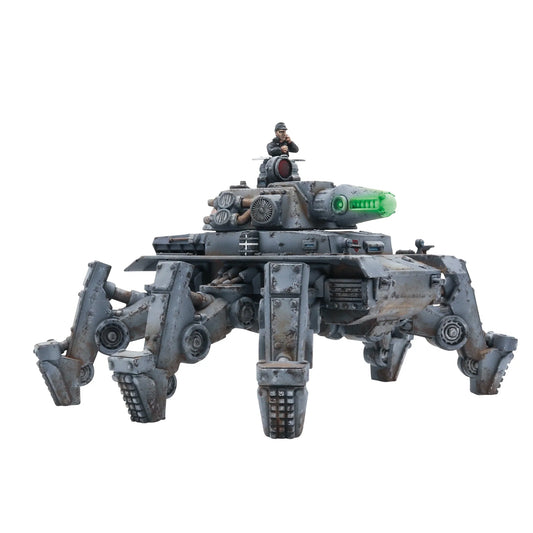 Konflikt '47 Panzer IV Ausf. X Walker 452610202 – pomalowany plastikowo-żywiczny ciężki walker Axis na sześciu nogach w szarym kamuflażu, widok z lewego boku: zielony projektor Schwerefeld, figurka dowódcy z lornetką, detale hydrauliki nóg i paneli bocznych, 28mm Konflikt '47 Warlord Games
