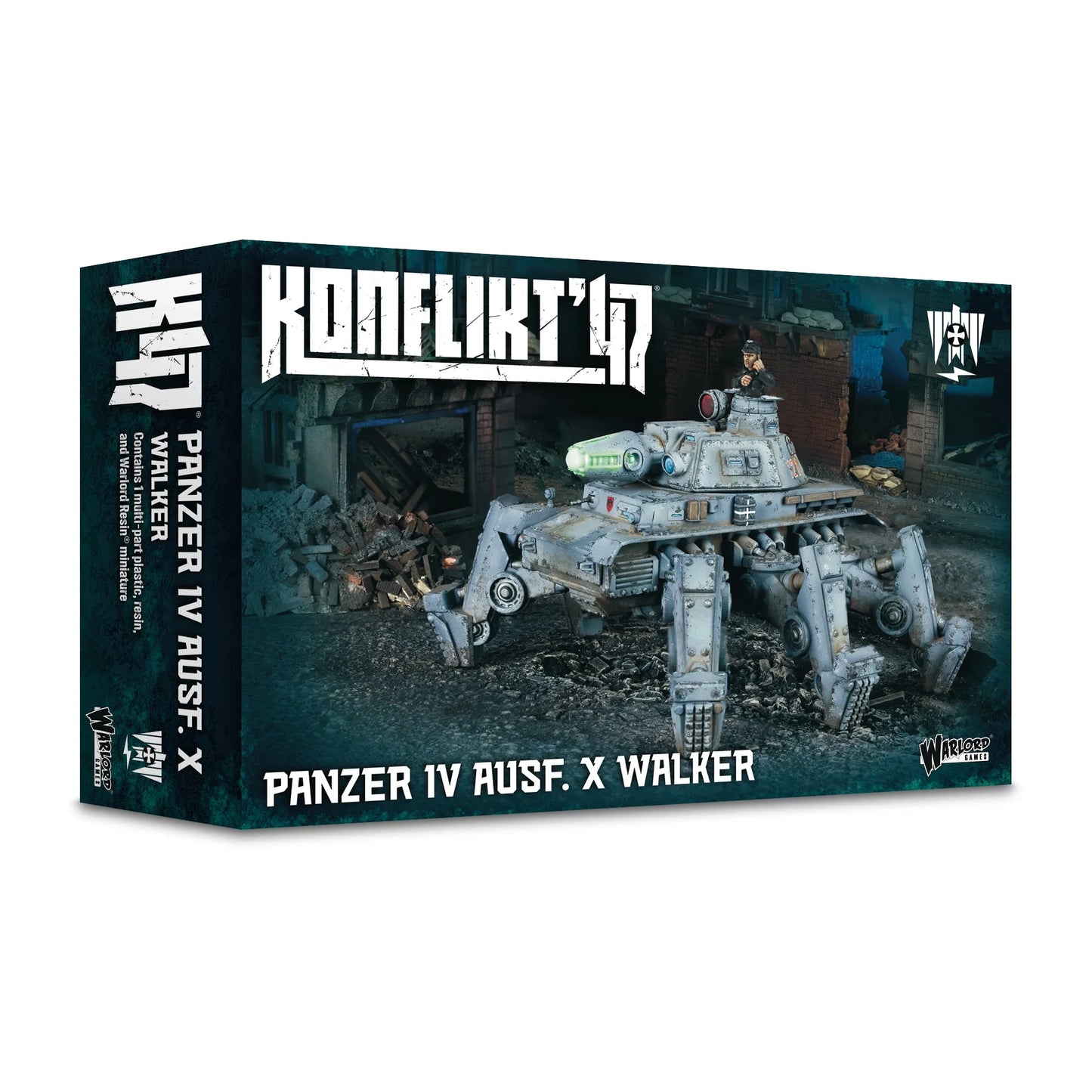 Pudełko Konflikt '47 Panzer IV Ausf. X Walker 452610202 – ciemnozielone pudełko z logo Konflikt '47 i ilustracją: Panzer IV Ausf. X na sześciu nogach kroczy przez nocne ruiny fabryki z niebieskim światłem Rift w tle, napis Panzer IV Ausf. X Walker Contains 1 multi-part plastic, resin, and Warlord Resin miniature, Warlord Games
