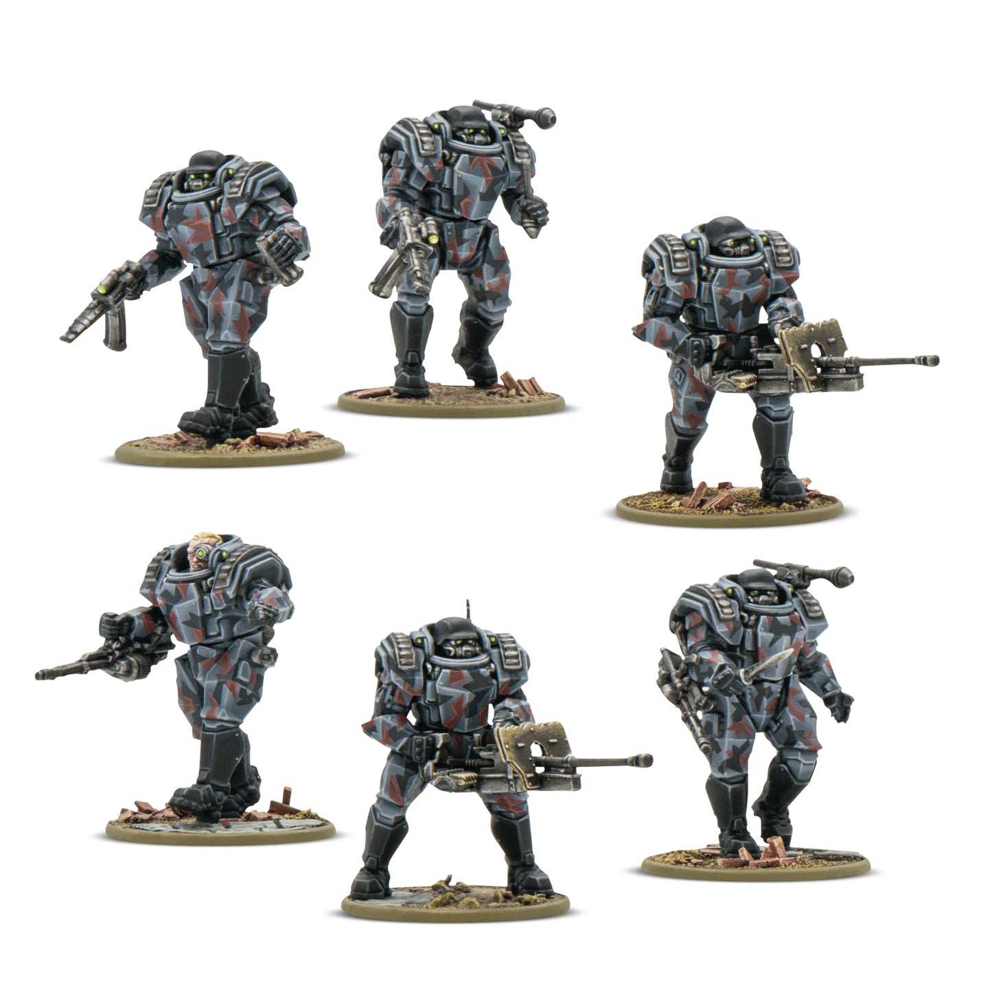 Konflikt '47 Stahltruppen Axis 452610008 – 6 pomalowanych plastikowych figurek Stahltruppen w szaro-czerwono-czarnym kamuflażu zbroi wspomaganej z żółtymi oczami, widok z przodu: różne pozy z karabinami, snajperką i bronią ciężką, 28mm Konflikt '47 Warlord Games
