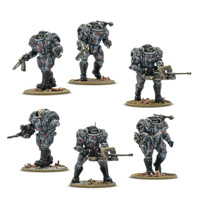 Konflikt '47 Stahltruppen Axis 452610008 – 6 pomalowanych plastikowych figurek Stahltruppen w szaro-czerwono-czarnym kamuflażu zbroi wspomaganej z żółtymi oczami, widok z przodu: różne pozy z karabinami, snajperką i bronią ciężką, 28mm Konflikt '47 Warlord Games
