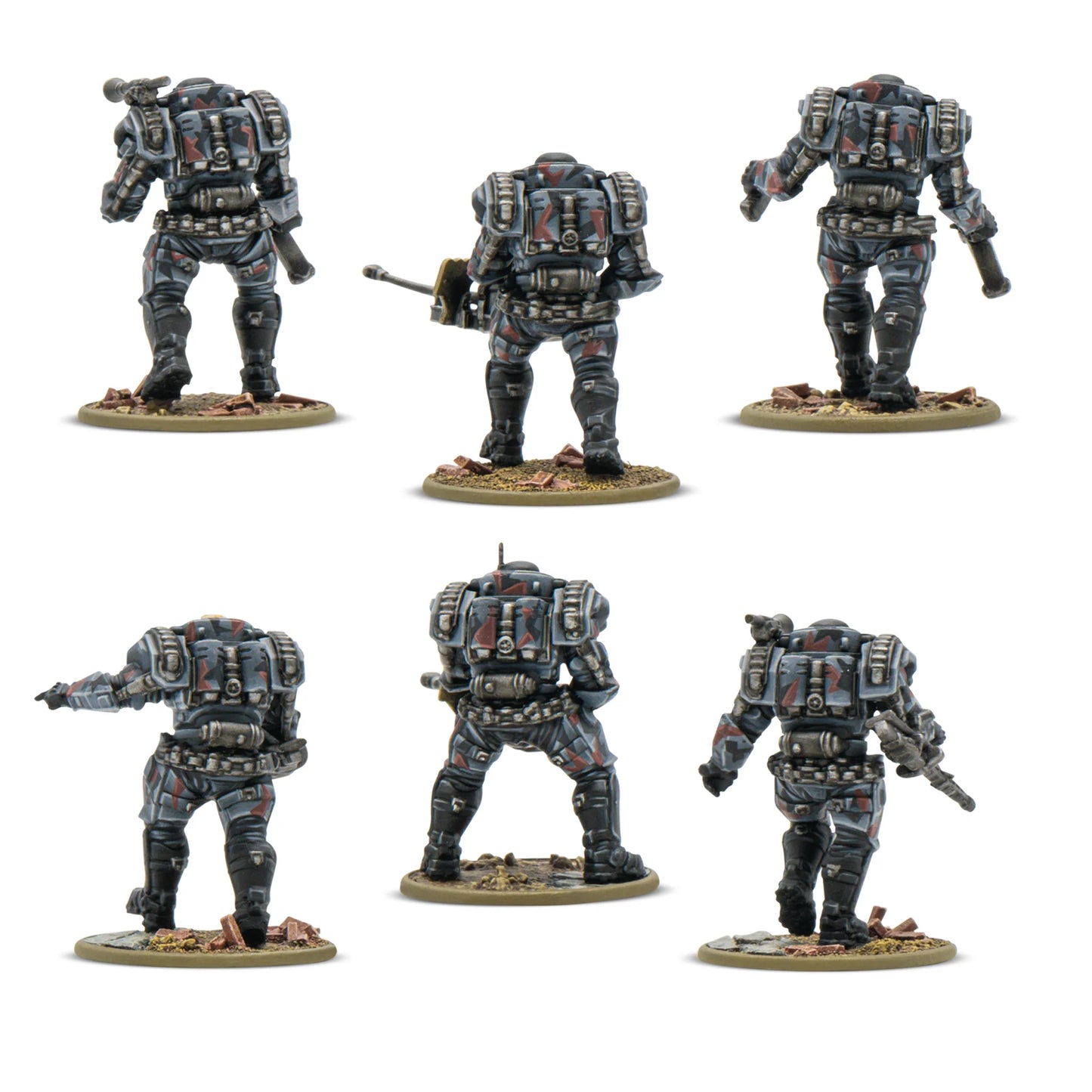 Konflikt '47 Stahltruppen Axis 452610008 – 6 pomalowanych plastikowych figurek Stahltruppen w szaro-czerwono-czarnym kamuflażu zbroi wspomaganej, widok z tyłu: detale plecaków zasilania, systemów hydraulicznych i uchwytów broni, 28mm Konflikt '47 Warlord Games
