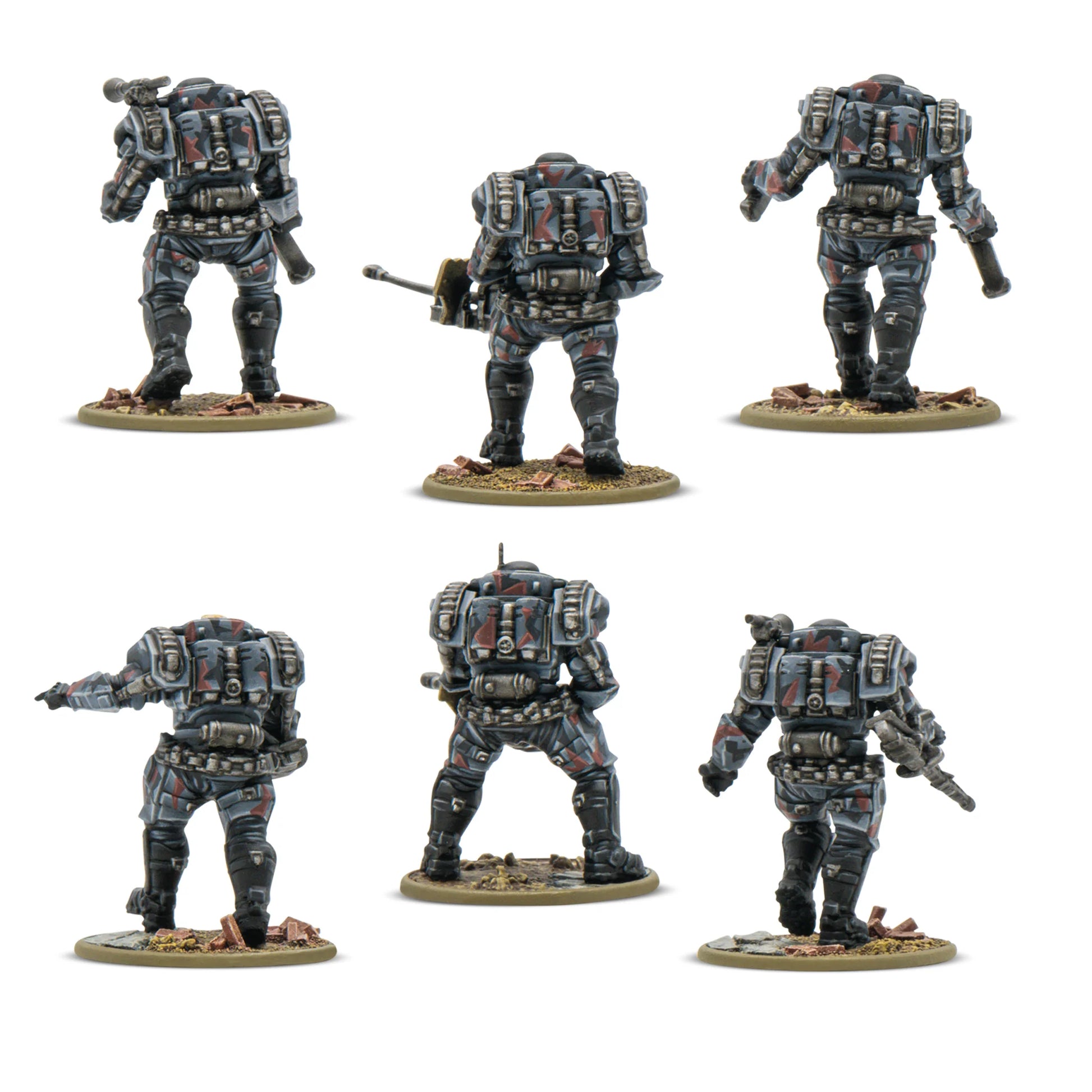 Konflikt '47 Stahltruppen Axis 452610008 – 6 pomalowanych plastikowych figurek Stahltruppen w szaro-czerwono-czarnym kamuflażu zbroi wspomaganej, widok z tyłu: detale plecaków zasilania, systemów hydraulicznych i uchwytów broni, 28mm Konflikt '47 Warlord Games
