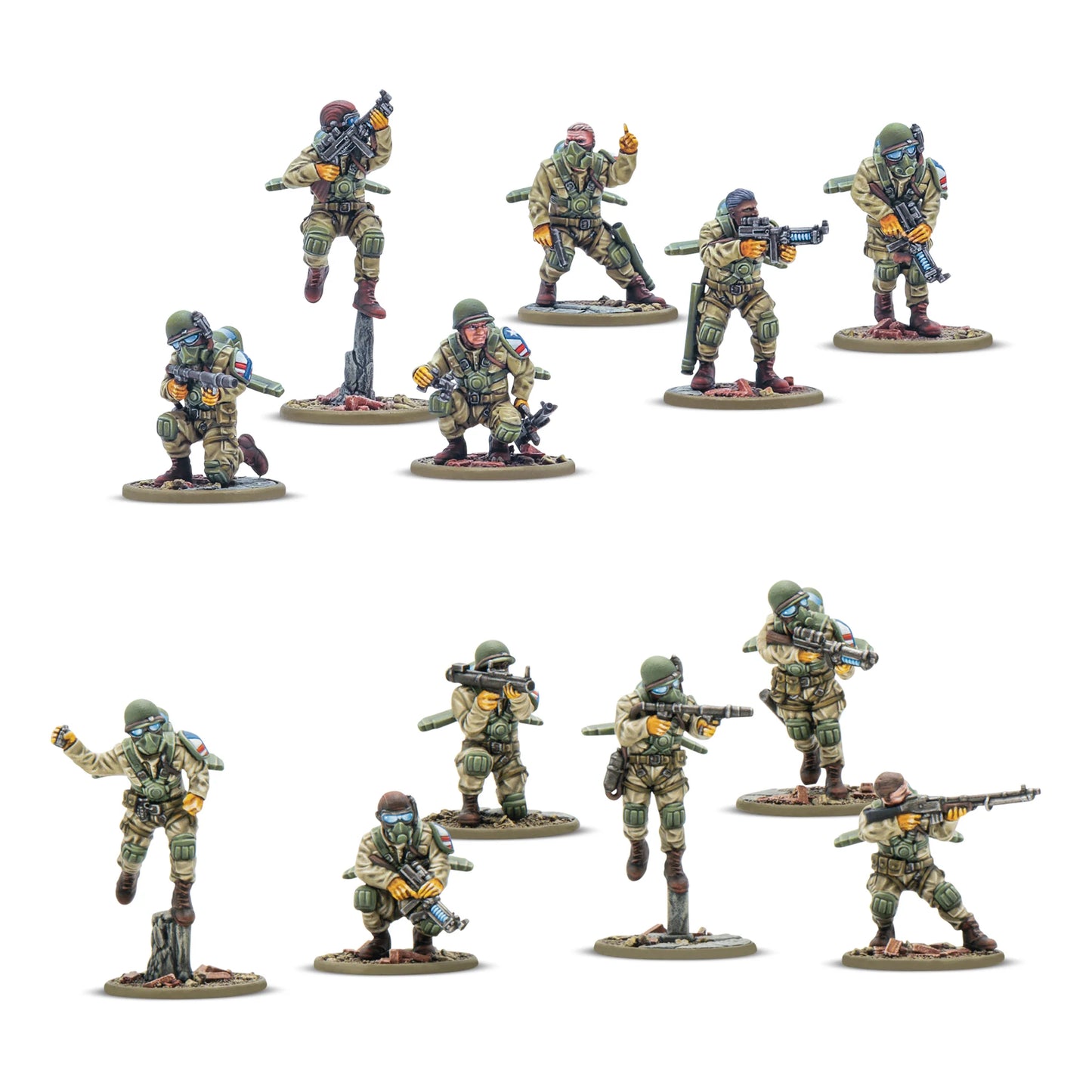 Konflikt '47 Firefly Airborne Infantry USA 452610008 – 12 pomalowanych plastikowych figurek piechoty Firefly USA w piaskowym i oliwkowym kamuflażu z maskami gazowymi i żółtymi rękawicami, różne pozy bojowe z karabinami i bronią specjalną, 28mm Konflikt '47 Warlord Games
