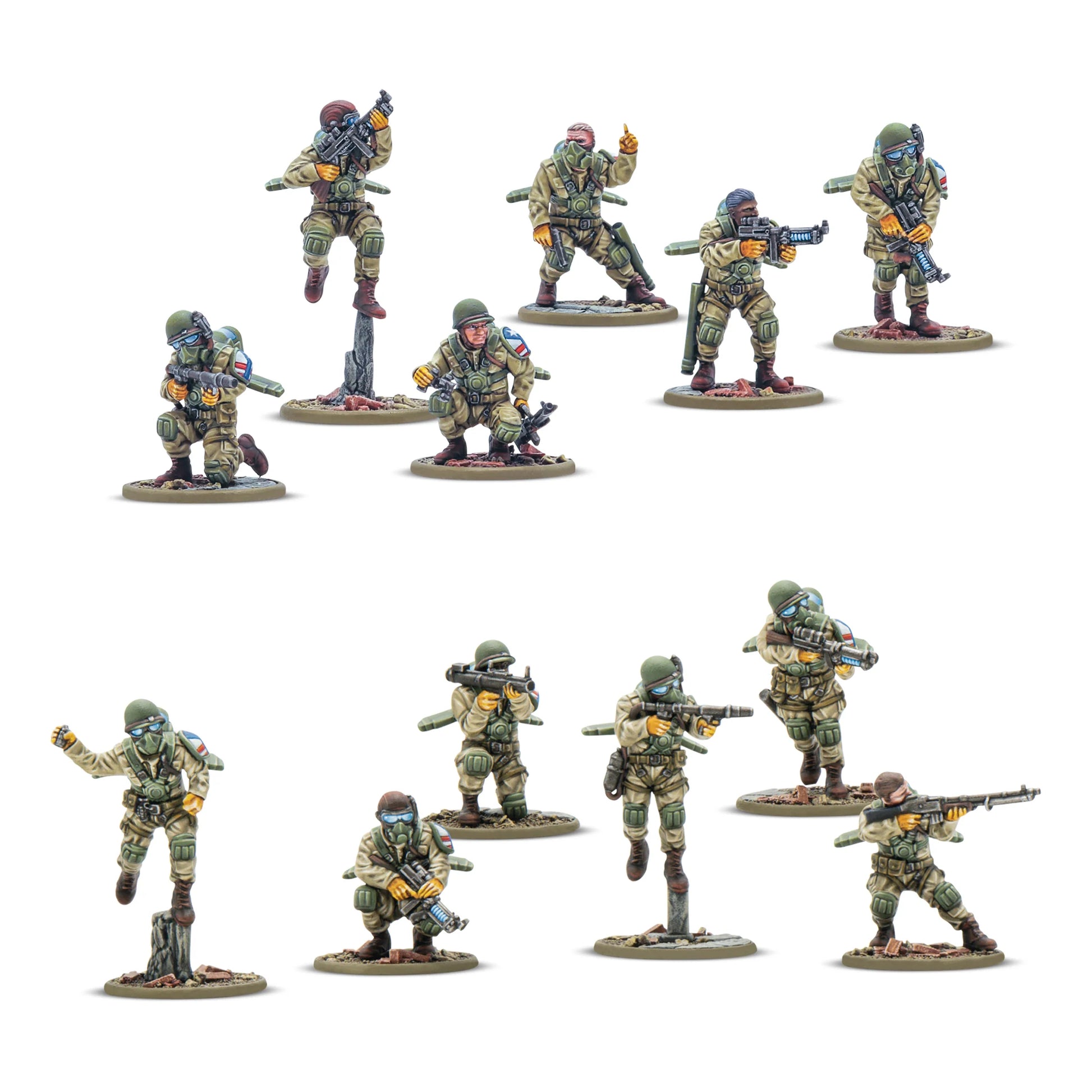 Konflikt '47 Firefly Airborne Infantry USA 452610008 – 12 pomalowanych plastikowych figurek piechoty Firefly USA w piaskowym i oliwkowym kamuflażu z maskami gazowymi i żółtymi rękawicami, różne pozy bojowe z karabinami i bronią specjalną, 28mm Konflikt '47 Warlord Games
