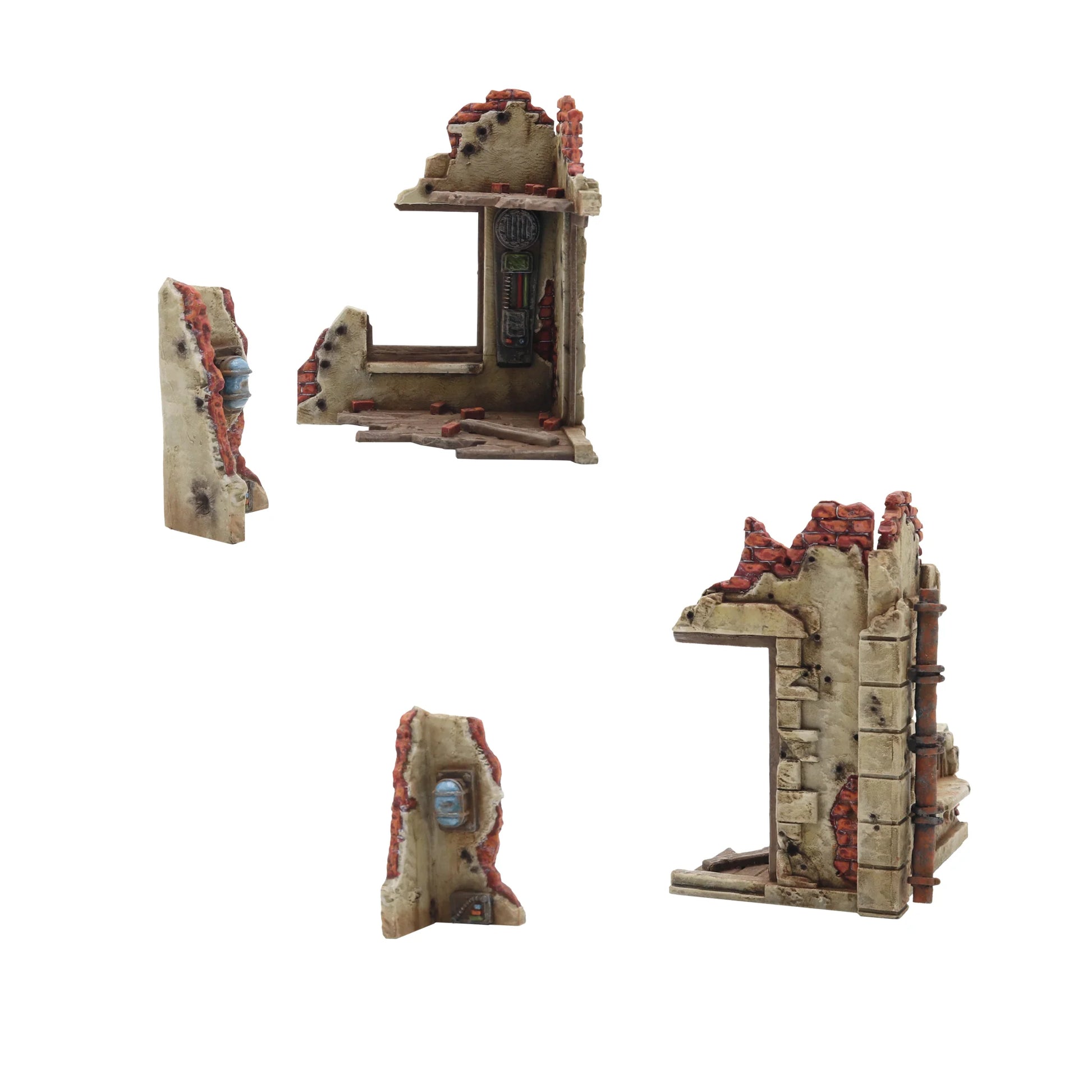 Konflikt '47 Introductory Set 452610008 – 4 pomalowane plastikowe elementy scenerii ruin: fragment muru z oknem i urządzeniem Rift, narożnik budynku z czerwonymi cegłami i rurą, dwa mniejsze fragmenty ścian z niebieskimi urządzeniami Rift, 28mm Konflikt '47 Warlord Games
