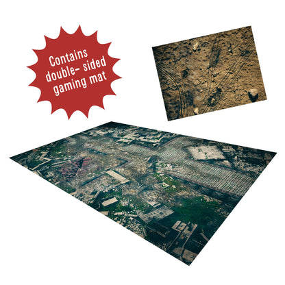 Konflikt '47 Introductory Set 452610008 – dwustronna papierowa mata do gry ok. 76x57cm: strona główna z widokiem z lotu ptaka na zniszczone miasto z brukowanymi ulicami i gruzami, strona odwrotna z pustynnym terenem ze śladami kół, napis Contains double-sided gaming mat, Warlord Games
