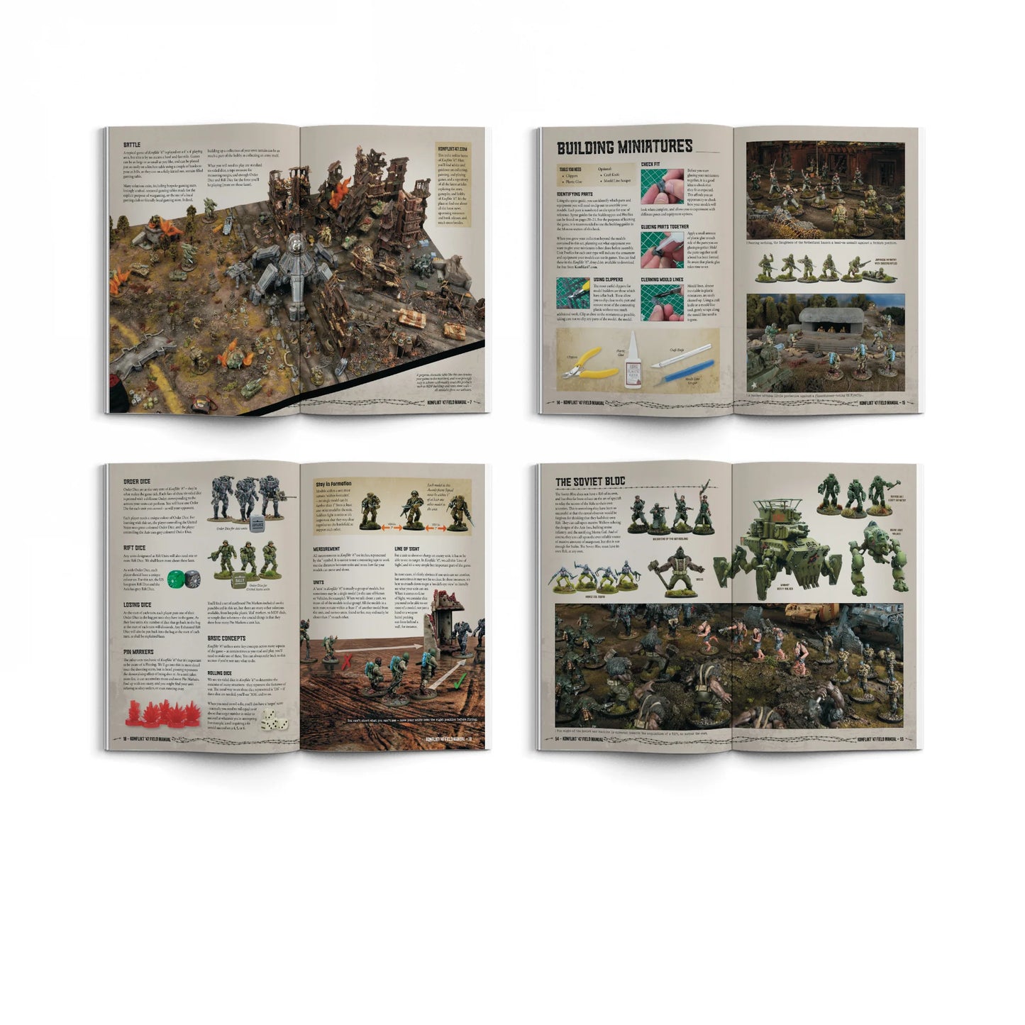 Konflikt '47 Field Manual 452610008 – cztery rozkładówki podręcznika polowego: panorama pola bitwy z mechami i ruinami, sekcja Building Miniatures z instrukcją montażu krok po kroku, zasady gry z opisem kości Order i Rift oraz sekcja The Soviet Bloc z figurkami i pojazdami, Warlord Games
