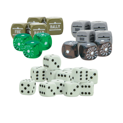 Konflikt '47 Introductory Set 452610008 – komplet kości: 4 oliwkowe kości rozkazowe USA (Fire, Rally, Advance), 4 szare kości rozkazowe Axis (Run, Ambush, Advance), 3 zielone kości Rift, 3 szare kości Rift i 10 białych kości k6, Konflikt '47 Warlord Games
