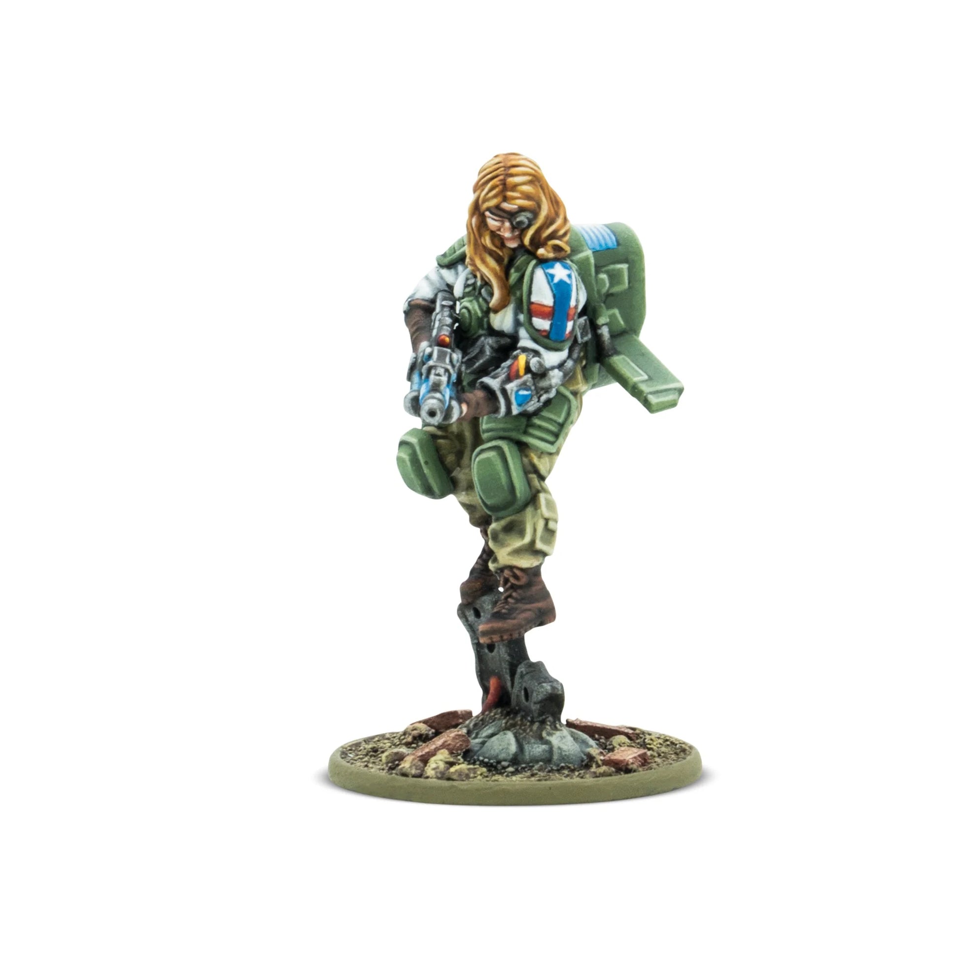 Roberta Wells Firefly Hero – z prawej strony: zielony pancerz bojowy z naramiennikami, plecak Firefly z wyrzutniami, broń energetyczna Rift, podstawka z gruzem, skala 28mm Konflikt '47
