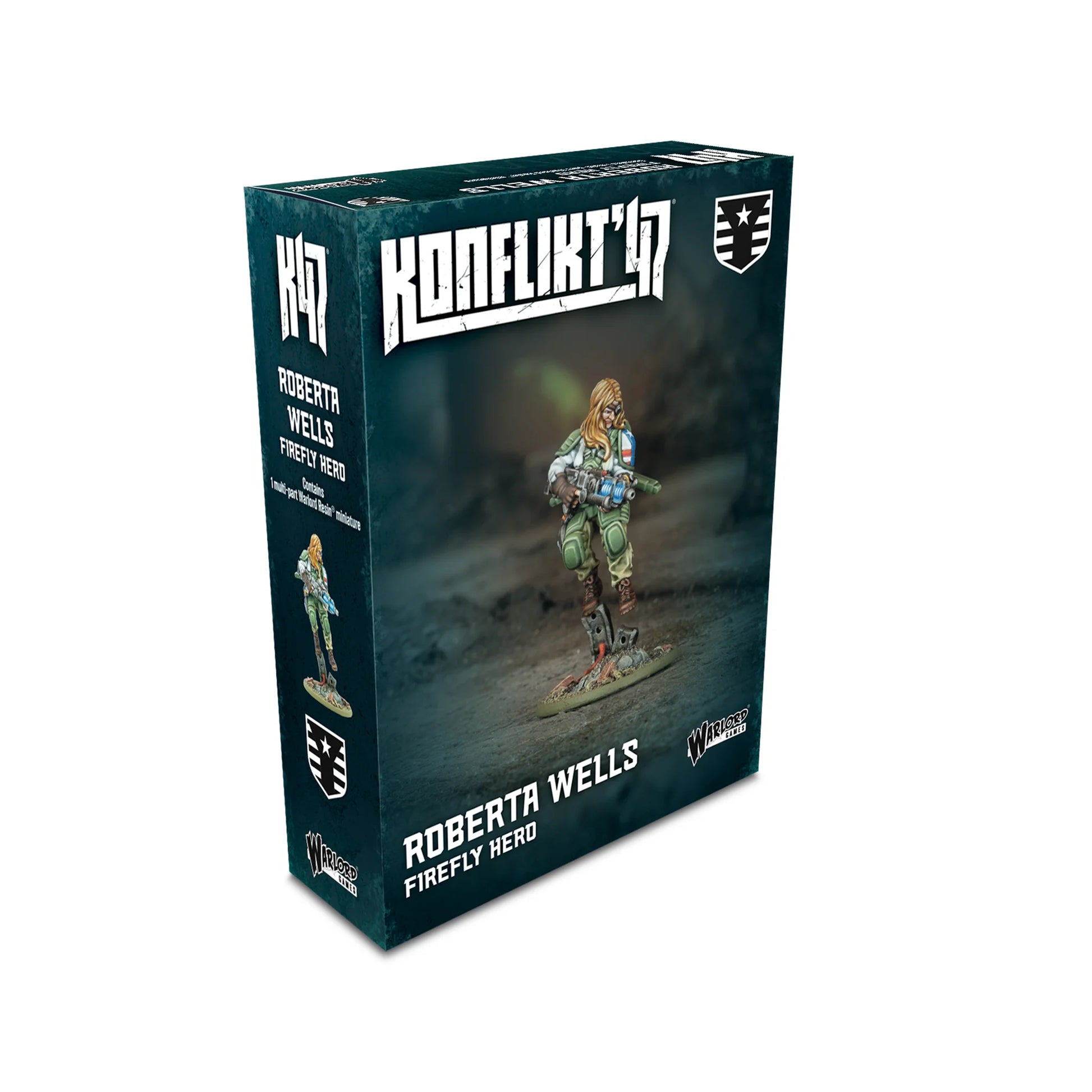 Roberta Wells Firefly Hero – pudełko zestawu Konflikt '47: żywiczna figurka kobiety-naukowca w pancerzu Firefly, logo K47 i Warlord Games, ciemnozielone tło z lasem
