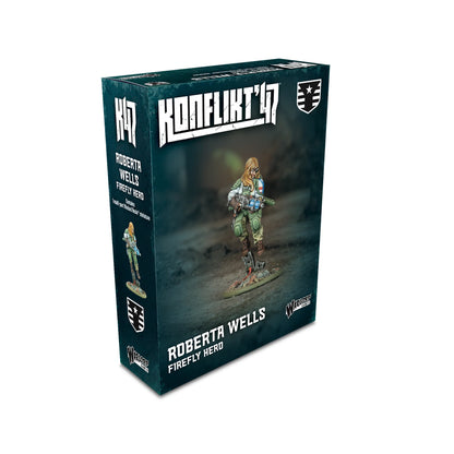 Roberta Wells Firefly Hero – pudełko zestawu Konflikt '47: żywiczna figurka kobiety-naukowca w pancerzu Firefly, logo K47 i Warlord Games, ciemnozielone tło z lasem
