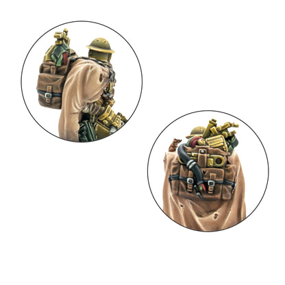 B for Bertie – zbliżenie na plecak z łupami zebranym z pola bitwy: ekwipunek, broń i hełm, detal malowania 28mm, Konflikt '47, Warlord Games
