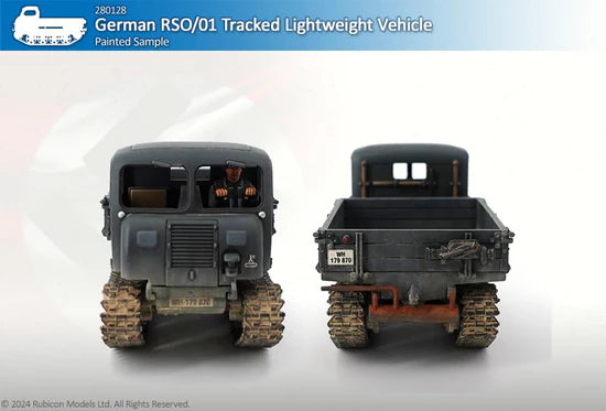 Raupenschlepper Ost RSO/01 – model 28mm szary, widok z przodu i tyłu, porównanie, 280128