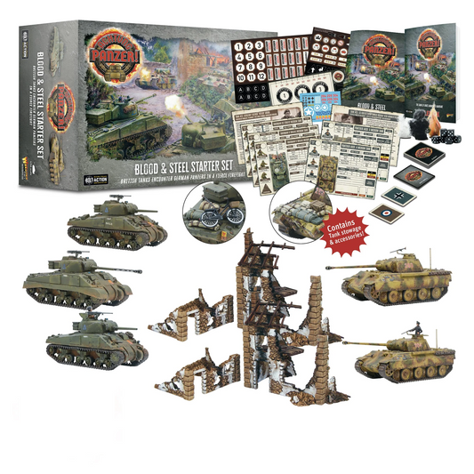 Achtung Panzer Blood & Steel Starter Set 482010001 - zawartość zestawu białe tło: pudełko z logo Achtung Panzer i sceną bitwy czołgów Sherman vs Panzer, 3 czołgi Sherman M4 zielone po lewej stronie, 2 czołgi Panther beżowe kamuflaż po prawej stronie, 4 zrujnowane budynki kamienne z czerwonej cegły w środku, markery numeryczne 1-2-3-4-5-6-7-8-9-10-11-12 i A-B-C-D, karty rozkazów, arkusze jednostek Blood & Steel z tabelami, kostki do gry czarne, czerwona plakietka Contains tank stowage & accessories, dwa okrą