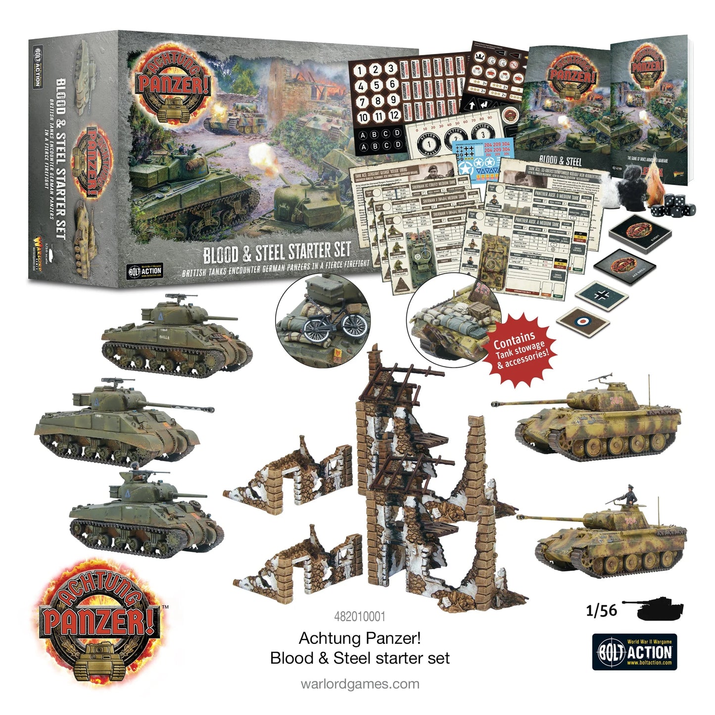 Achtung Panzer Blood & Steel Starter Set 482010001 - zawartość zestawu białe tło: pudełko z logo Achtung Panzer i sceną bitwy czołgów, 3 czołgi Sherman M4 zielone po lewej, 2 czołgi Panther beżowe kamuflaż po prawej, 4 zrujnowane budynki kamienne z czerwonej cegły, markery numeryczne 1-12 i A-D, karty rozkazów, arkusze jednostek Blood & Steel, kostki do gry, czerwona plakietka Contains tank stowage & accessories - logo Achtung Panzer na dole - 482010001 Achtung Panzer! Blood & Steel starter set - skala 1/56