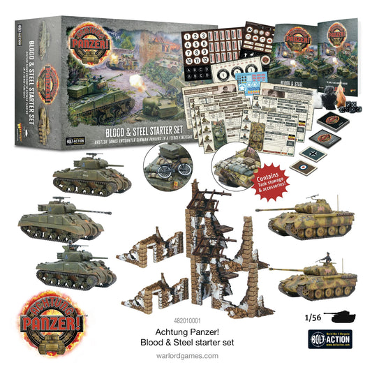Achtung Panzer Blood & Steel Starter Set 482010001 - zawartość zestawu białe tło: pudełko z logo Achtung Panzer i sceną bitwy czołgów, 3 czołgi Sherman M4 zielone po lewej, 2 czołgi Panther beżowe kamuflaż po prawej, 4 zrujnowane budynki kamienne z czerwonej cegły, markery numeryczne 1-12 i A-D, karty rozkazów, arkusze jednostek Blood & Steel, kostki do gry, czerwona plakietka Contains tank stowage & accessories - logo Achtung Panzer na dole - 482010001 Achtung Panzer! Blood & Steel starter set - skala 1/56