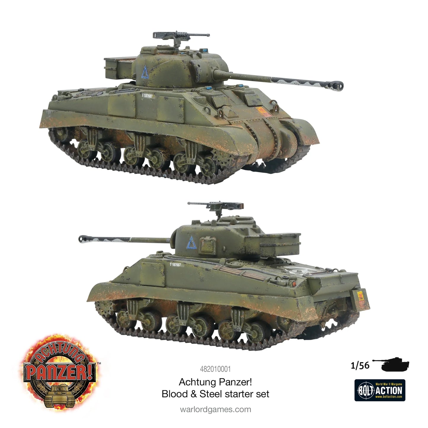 Achtung Panzer Blood & Steel Starter Set 482010001 - czołg Sherman M4 Firefly pomalowany białe tło: zielony czołg z brązowym kamuflażem, długa armata 17-funtowa, karabin maszynowy na wieży, niebieska gwiazda aliancka, numer T148087, efekty weatheringowe kurzu i błota - widok z boku i z góry - logo Achtung Panzer na dole - 482010001 Achtung Panzer! Blood & Steel starter set - skala 1/56 - logo Bolt Action - warlordgames.com
