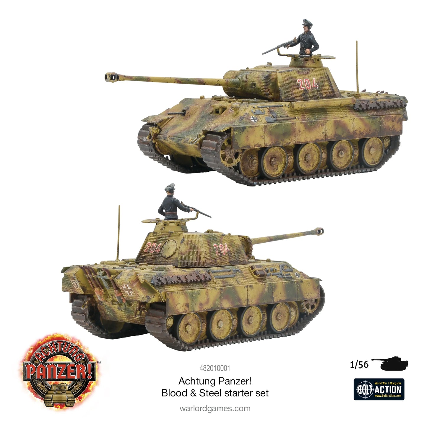 Achtung Panzer Blood & Steel Starter Set 482010001 - czołg Panther pomalowany białe tło: beżowy czołg z kamuflaż zielono-brązowym, długa armata 7.5cm KwK 42, czerwony numer 234 na wieży, czarny krzyż niemiecki Balkenkreuz, dowódca czołgu w czarnym mundurze z karabinem maszynowym MG34 na wieży, antena radiowa, efekty weatheringowe kurzu i błota - widok z boku i z góry - logo Achtung Panzer na dole - 482010001 Achtung Panzer! Blood & Steel starter set - skala 1/56 - logo Bolt Action - warlordgames.com