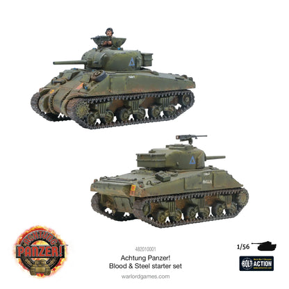Achtung Panzer Blood & Steel Starter Set 482010001 - czołg Sherman M4 pomalowany białe tło: zielony czołg z brązowym kamuflażem, armata 75mm, karabin maszynowy na wieży, dowódca czołgu w czarnym mundurze, niebieska gwiazda aliancka, numer T148087 i AKULA, efekty weatheringowe kurzu i błota, worki i akcesoria na kadłubie - widok z boku i z góry - logo Achtung Panzer na dole - 482010001 Achtung Panzer! Blood & Steel starter set - skala 1/56 - logo Bolt Action - warlordgames.com