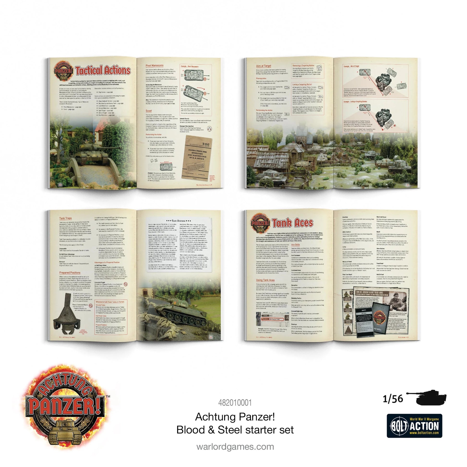  Achtung Panzer Blood & Steel 482010001 - otwarta książka zasad Rulebook: 4 rozkładówki z zasadami gry - Tactical Actions, Tank Aces, scenariusze bitew, diagramy czołgów Sherman i Panther, zdjęcia dioram z czołgami na polu bitwy