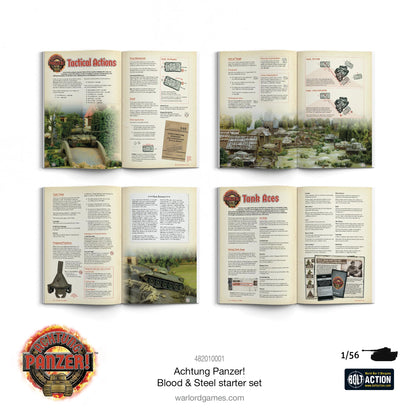  Achtung Panzer Blood & Steel 482010001 - otwarta książka zasad Rulebook: 4 rozkładówki z zasadami gry - Tactical Actions, Tank Aces, scenariusze bitew, diagramy czołgów Sherman i Panther, zdjęcia dioram z czołgami na polu bitwy