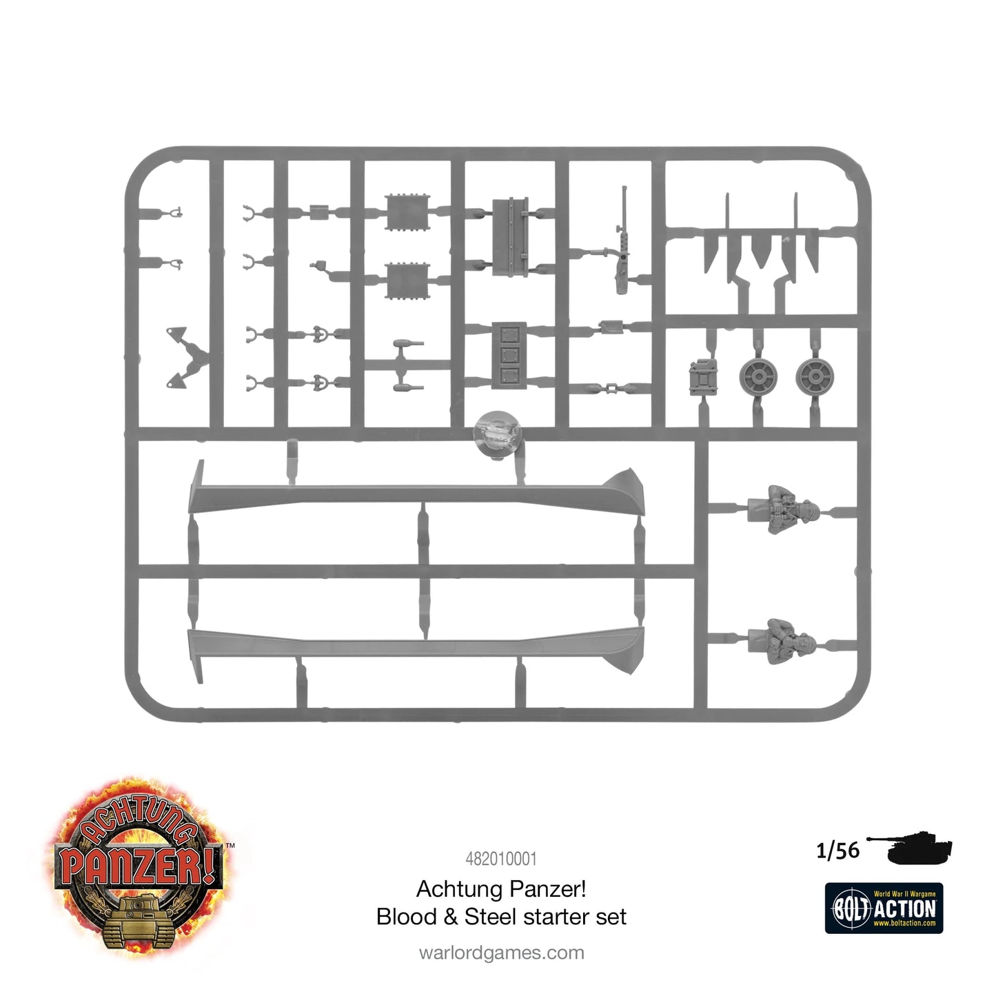 Achtung Panzer 482010001 - szara plastikowa ramka akcesoriów: łopaty, hełmy, koła zapasowe, anteny, karabiny maszynowe, elementy wyposażenia czołgów
