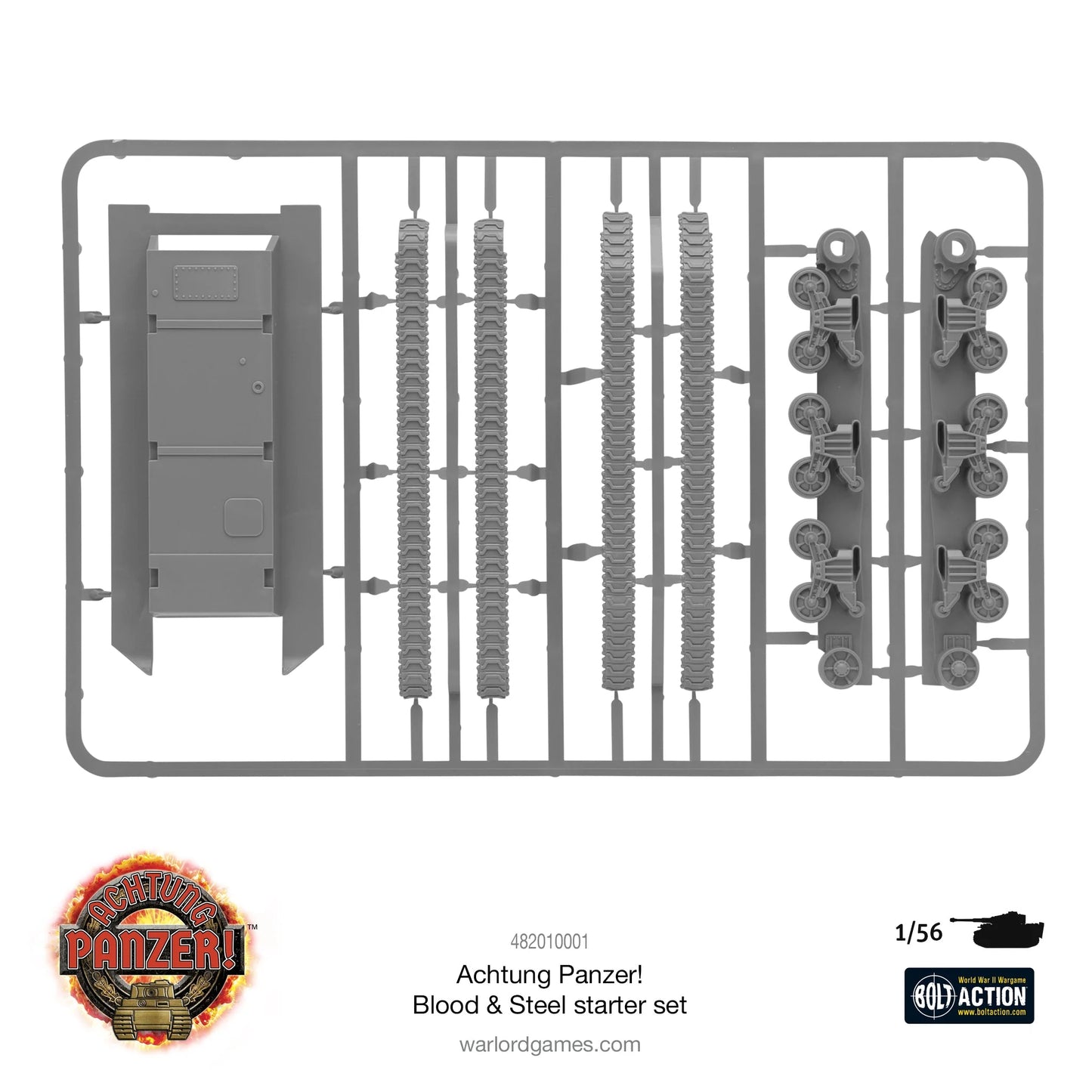 Achtung Panzer 482010001 - szara plastikowa ramka Panther: kadłub dolny, 4 pasy gąsienic, 2 zestawy kół jezdnych po 6 kół