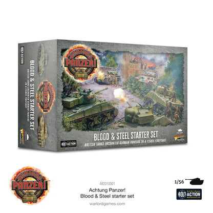 Achtung Panzer Blood & Steel 482010001 - pudełko starter set: logo Achtung Panzer, scena bitwy czołgów Sherman vs Panther w zniszczonym mieście z eksplozjami - BLOOD & STEEL STARTER SET - British tanks encounter German Panzers in a fierce firefight